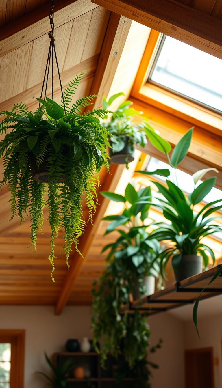 A beautiful, cozy interior showcasing an array of lush green plants thoughtfully arranged on wooden beams of a sloping ceiling. In the foreground, vibrant ferns and cascading pothos hang from rustic hanging planters, their leaves draping elegantly. The middle section features towering peace lilies and snake plants placed on sturdy shelves along the beams, adding height and character. Bathed in warm, soft natural light filtering through skylights, the atmosphere feels inviting and serene. The background reveals textured wooden elements and neutral-colored walls, enhancing the feeling of comfort. The overall mood is tranquil and harmonious, perfect for a functional living space with decor accents that shine in slanted areas. The image captured in high definition with a slight depth of field to emphasize the plants.