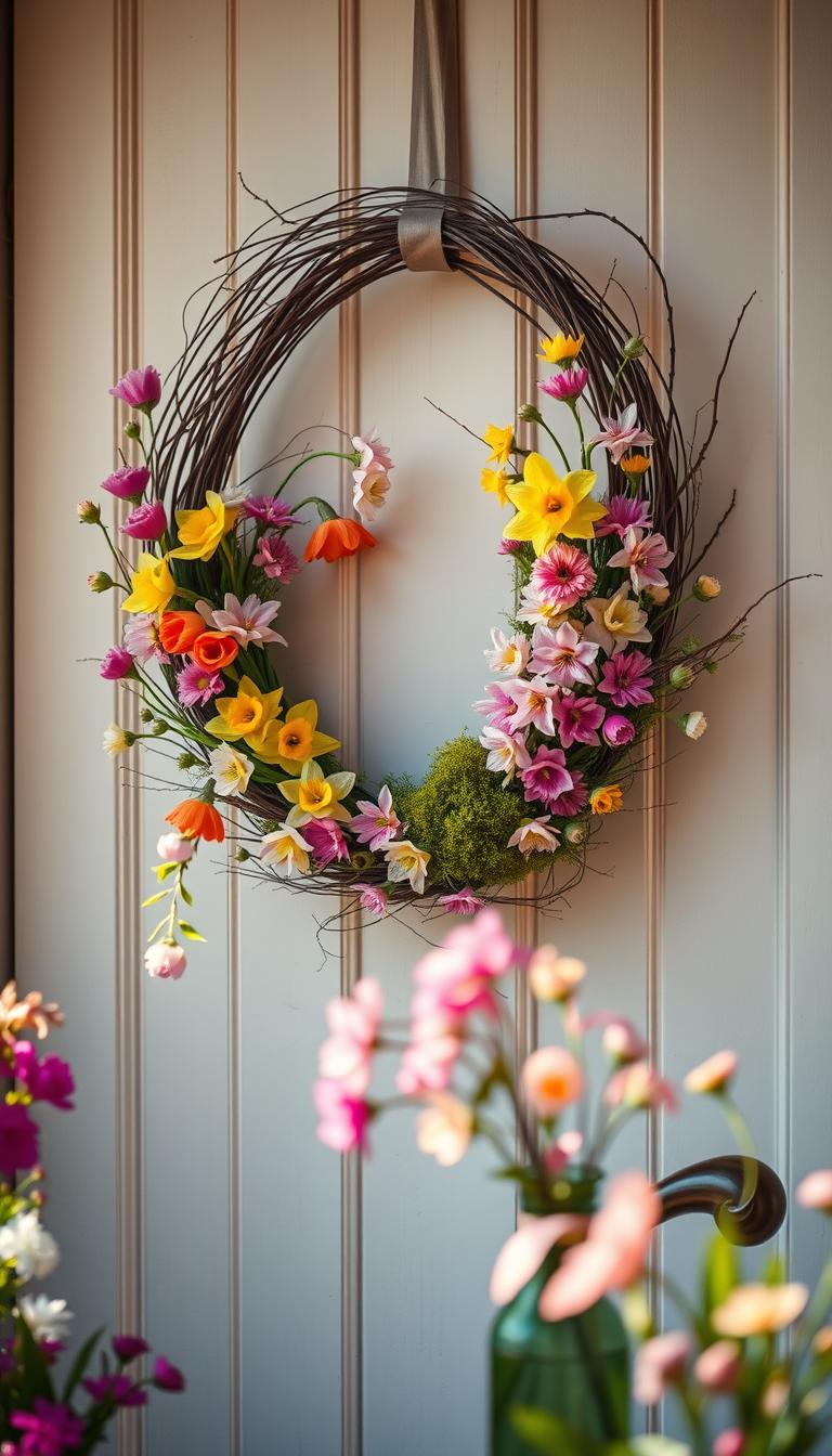 A beautifully arranged Easter wreath display inspired by fresh spring design, showcasing an array of colorful blooms like tulips, daffodils, and cherry blossoms in vibrant pastel hues. In the foreground, the wreath is elegantly hung on a pale wooden door, its intricate twigs and moss adding texture. In the middle ground, a softly blurred vase filled with more spring flowers complements the scene, while delicate sunlight filters through, casting gentle highlights. The background features a serene garden setting with lush greenery and blooming flowers, creating a tranquil atmosphere. The image is captured in high definition, with warm lighting for a welcoming feel, using a shallow depth of field to emphasize the wreath and flowers. The mood is cheerful and inviting, perfectly embodying the essence of spring.