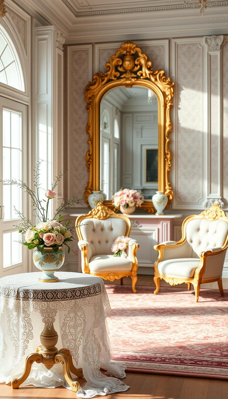 A beautifully arranged Rococo-inspired color palette featuring soft pastels such as mint green, blush pink, and delicate lavender in an elegant interior setting. In the foreground, a small table draped with intricate lace, displaying ornate porcelain vases filled with fresh flowers. The middle section showcases plush upholstered chairs with gilded accents and a richly patterned area rug that enhances the space’s luxury. The background includes a grand mirror reflecting light from a nearby window, which casts gentle shadows and highlights the detailed wall moldings and pastel-hued wallpaper. The atmosphere is serene and opulent, evoking a sense of sophistication. Soft, natural daylight illuminates the scene, creating depth and warmth. Capture the image with a wide-angle lens for a spacious feel. The overall mood is refined and inviting, perfect for a Rococo decor theme. A beautifully arranged Rococo-inspired color palette featuring soft pastels such as mint green, blush pink, and delicate lavender in an elegant interior setting. In the foreground, a small table draped with intricate lace, displaying ornate porcelain vases filled with fresh flowers. The middle section showcases plush upholstered chairs with gilded accents and a richly patterned area rug that enhances the space’s luxury. The background includes a grand mirror reflecting light from a nearby window, which casts gentle shadows and highlights the detailed wall moldings and pastel-hued wallpaper. The atmosphere is serene and opulent, evoking a sense of sophistication. Soft, natural daylight illuminates the scene, creating depth and warmth. Capture the image with a wide-angle lens for a spacious feel. The overall mood is refined and inviting, perfect for a Rococo decor theme.
