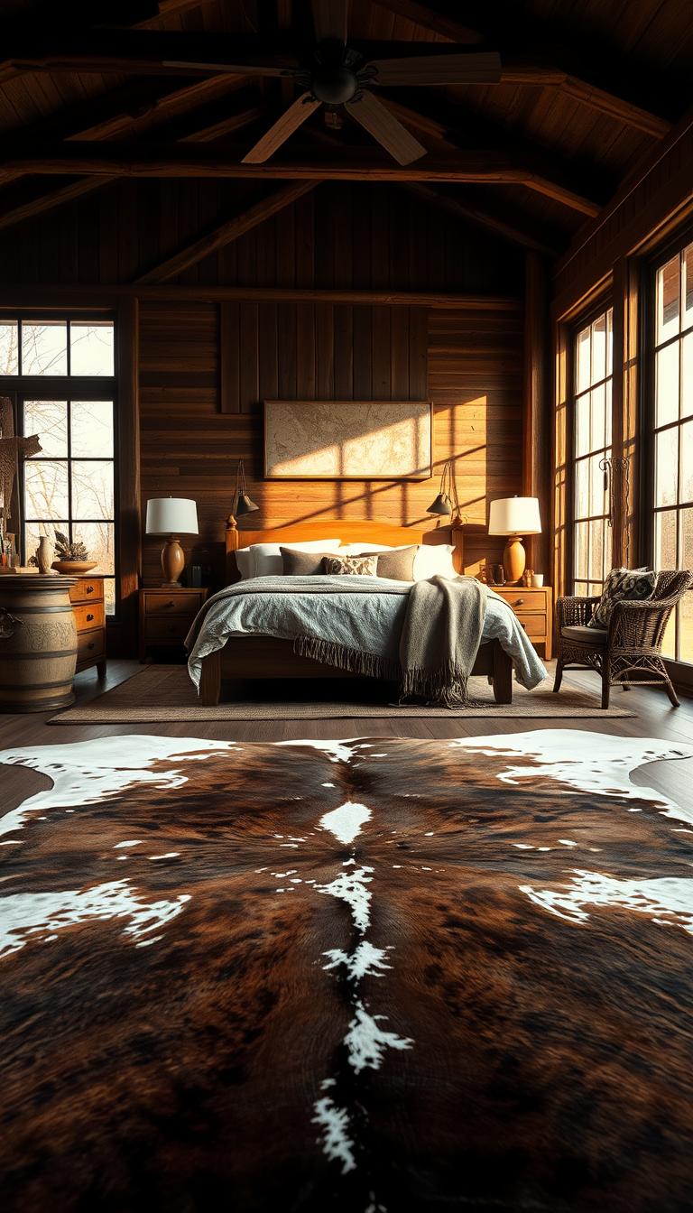 A beautifully arranged Western style bedroom featuring a luxurious cowhide rug at its center. The foreground showcases the rich textures and patterns of the rug, with soft lighting highlighting its natural variations. In the middle ground, a rustic wooden bed with a vintage quilt sits against a weathered barn wood wall, accented by a pair of antique bedside tables. A cozy armchair draped with a woven blanket invites relaxation, while a small bench, styled with decorative pillows, adds a vintage charm. The background features large windows that let in warm, golden sunlight, casting soft shadows and enhancing the serene atmosphere of the retreat. The overall mood is tranquil and inviting, perfect for a serene escape.