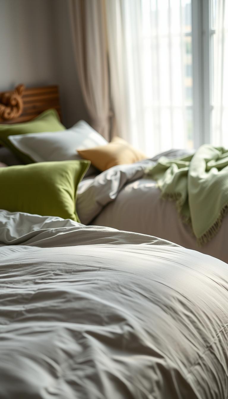 A beautifully arranged bedding set featuring a soft grey duvet and lush green accent pillows. In the foreground, display a close-up of the bedding texture, highlighting the intricate patterns and fabrics, such as cotton and linen. The mid-ground should showcase a styled bed atop a hardwood floor, with a tasteful hint of a light green throw draped casually across the foot of the bed. In the background, include a softly lit bedroom space with gentle, natural sunlight streaming through sheer curtains, casting delicate shadows. Capture the scene in a warm, inviting atmosphere, evoking serenity and comfort, using a high-definition photorealistic style. Focus on a cozy and tranquil mood with a slight depth of field. A beautifully arranged bedding set featuring a soft grey duvet and lush green accent pillows. In the foreground, display a close-up of the bedding texture, highlighting the intricate patterns and fabrics, such as cotton and linen. The mid-ground should showcase a styled bed atop a hardwood floor, with a tasteful hint of a light green throw draped casually across the foot of the bed. In the background, include a softly lit bedroom space with gentle, natural sunlight streaming through sheer curtains, casting delicate shadows. Capture the scene in a warm, inviting atmosphere, evoking serenity and comfort, using a high-definition photorealistic style. Focus on a cozy and tranquil mood with a slight depth of field.
