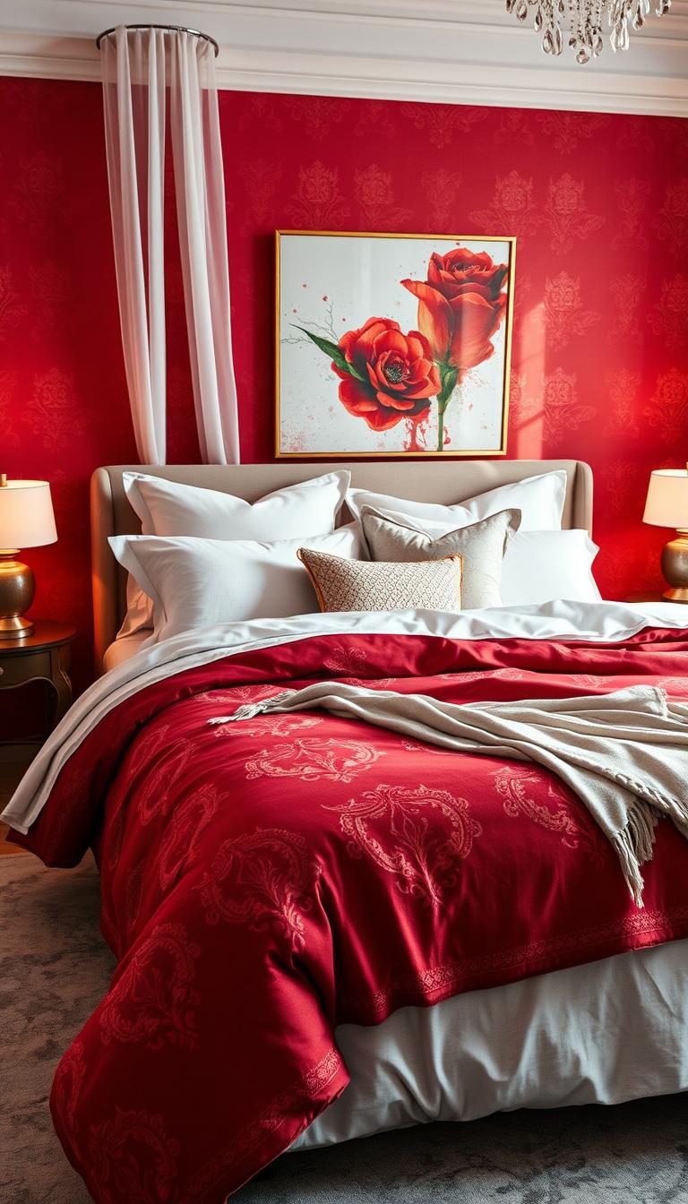 A beautifully arranged bedding set in a modern red-themed bedroom, featuring a deep red duvet cover with intricate patterns, complemented by plush white and gray throw pillows in various sizes. The foreground highlights a cozy, inviting bed with a subtle texture, layered with soft throws cascading gracefully over the edge. In the middle ground, delicate bedside tables hold stylish lamps with warm light that illuminates the bedding, casting a soft glow. The background showcases elegant red wallpaper with subtle gold accents and a vibrant piece of abstract art. The scene is well-lit with natural daylight pouring in through sheer curtains, creating a serene and inviting atmosphere, capturing the essence of comfort and design elegance.