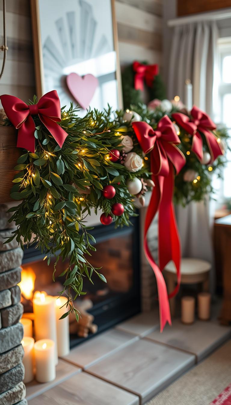 A beautifully arranged bow garland draped elegantly across a rustic wooden mantel, adorned with oversized statement bows in shades of rich red and soft pink. In the foreground, the garland features lush greenery intermingled with delicate fairy lights, creating a soft, warm glow. The middle area showcases seasonal decorations, like heart-shaped ornaments and subtle floral accents, enhancing the Valentine's theme. In the background, a softly blurred cozy living room can be seen, with a crackling fireplace and gentle candlelight casting a romantic ambiance. Natural lighting filters in through a window, accentuating the textures and colors, while the overall mood is inviting and intimate, perfect for celebrating love.