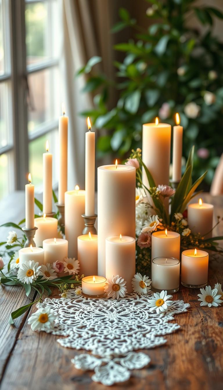 A beautifully arranged candle base table showcasing a collection of elegant candles on a rustic wooden surface. The foreground features various sizes of candles, some tall and slender, others short and round, all in soft pastel colors, glowing warmly. Surrounding them are delicate floral accents that hint at spring, including fresh tulips and daisies. In the middle, a vintage lace table runner adds texture and charm, enhancing the overall focal point of the composition. The background is softly blurred, with hints of lush greenery and natural light filtering through, creating a serene and inviting atmosphere. The image should have a photorealistic quality, with warm lighting that accentuates the glow of the candles, captured from a slightly elevated angle for an intimate feel. A beautifully arranged candle base table showcasing a collection of elegant candles on a rustic wooden surface. The foreground features various sizes of candles, some tall and slender, others short and round, all in soft pastel colors, glowing warmly. Surrounding them are delicate floral accents that hint at spring, including fresh tulips and daisies. In the middle, a vintage lace table runner adds texture and charm, enhancing the overall focal point of the composition. The background is softly blurred, with hints of lush greenery and natural light filtering through, creating a serene and inviting atmosphere. The image should have a photorealistic quality, with warm lighting that accentuates the glow of the candles, captured from a slightly elevated angle for an intimate feel.