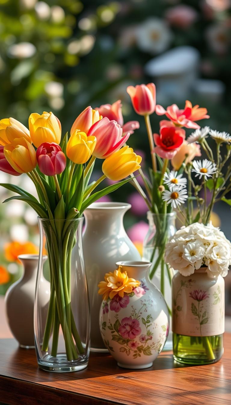A beautifully arranged collection of vases in varying shapes and sizes, showcasing a vibrant spring theme. In the foreground, a tall, elegant glass vase filled with fresh tulips in bright yellows and pinks, enhances the vibrancy. Next to it, a short, ceramic vase adorned with delicate floral patterns holds a mix of daisies and hydrangeas. In the middle ground, a rustic wooden table complements the vases, adding warmth to the scene. The background features soft-focus greenery and blooming flowers, hinting at a sunny outdoor garden. The lighting is soft and natural, creating an inviting atmosphere. Use a wide-angle lens to capture the full arrangement in high definition, ensuring every detail radiates freshness and spring energy. A beautifully arranged collection of vases in varying shapes and sizes, showcasing a vibrant spring theme. In the foreground, a tall, elegant glass vase filled with fresh tulips in bright yellows and pinks, enhances the vibrancy. Next to it, a short, ceramic vase adorned with delicate floral patterns holds a mix of daisies and hydrangeas. In the middle ground, a rustic wooden table complements the vases, adding warmth to the scene. The background features soft-focus greenery and blooming flowers, hinting at a sunny outdoor garden. The lighting is soft and natural, creating an inviting atmosphere. Use a wide-angle lens to capture the full arrangement in high definition, ensuring every detail radiates freshness and spring energy.