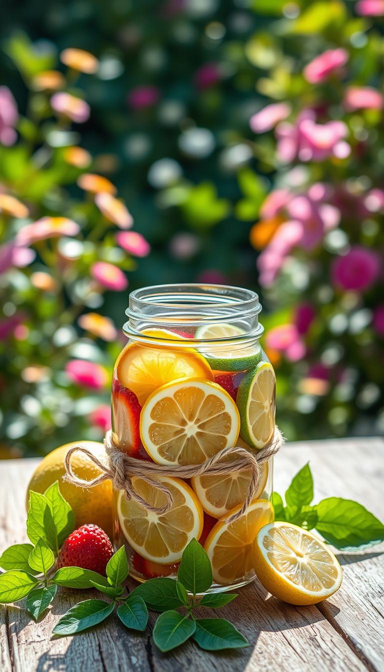 A beautifully arranged composition featuring a rustic mason jar filled with vibrant summer fruits such as sliced lemons, limes, and strawberries, revealing their juicy interiors. The jar is adorned with a twine bow and sits on a weathered wooden table. In the foreground, gentle sunlight filters through, casting soft shadows and highlighting the textures of the fruits. Surrounding the jar are delicate citrus leaves for an organic touch. The background is a blurred garden scene filled with lush greenery and blooming flowers, creating a cheerful atmosphere. The image is captured from a slightly elevated angle to emphasize the colorful contents of the jar, creating a refreshing and inviting vibe perfect for summer inspirations. A beautifully arranged composition featuring a rustic mason jar filled with vibrant summer fruits such as sliced lemons, limes, and strawberries, revealing their juicy interiors. The jar is adorned with a twine bow and sits on a weathered wooden table. In the foreground, gentle sunlight filters through, casting soft shadows and highlighting the textures of the fruits. Surrounding the jar are delicate citrus leaves for an organic touch. The background is a blurred garden scene filled with lush greenery and blooming flowers, creating a cheerful atmosphere. The image is captured from a slightly elevated angle to emphasize the colorful contents of the jar, creating a refreshing and inviting vibe perfect for summer inspirations.