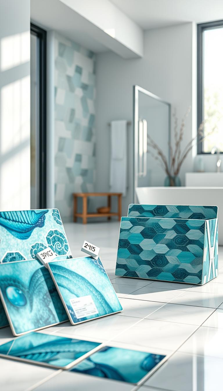 A beautifully arranged display of mermaid-themed tiles showcasing various colors and patterns, such as iridescent blues and greens, displaying the elegance of underwater style. The foreground features a close-up of a few sample tiles arranged artistically in a light, airy room with natural light filtering in through a large window. In the middle ground, there are neatly organized price tags attached to the tiles, highlighting affordable options, alongside a stylish shipping box designed with ocean motifs. The background shows a serene bathroom environment with a calming ocean-inspired color palette. The atmosphere feels fresh and inviting, evoking a sense of wellness and tranquility. Photorealistic, high definition, soft diffused lighting, taken from a slightly elevated angle to emphasize the tranquility and elegance of the tile arrangements.