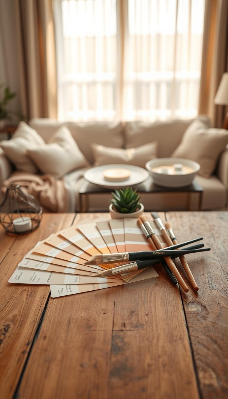 A beautifully arranged flat lay of the best warm neutral paint samples displayed on a rustic wooden table. In the foreground, high-quality paint swatches in shades like soft beige, warm taupe, and creamy ivory, each labeled with elegant script. In the middle, a color palette fanned out, complemented by a set of professional paintbrushes and a small potted succulent for a touch of nature. The background features a softly blurred cozy living room scene, with warm sunlight streaming through sheer curtains, casting gentle shadows. The atmosphere is inviting and serene, evoking a sense of comfort and style, with a focus on creating a cozy home vibe. The image is high-definition and photorealistic, showcasing the subtleties in color and texture.