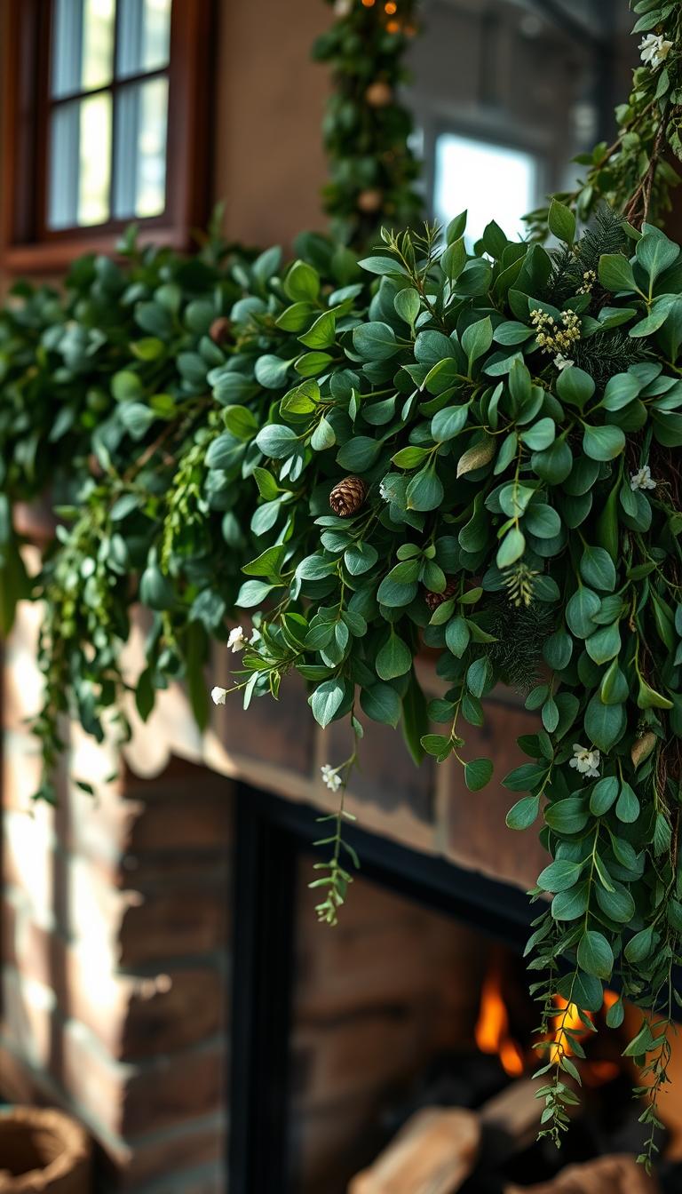 A beautifully arranged greenery wreath elegantly drapes across a rustic mantel, showcasing a variety of lush foliage such as eucalyptus, ferns, and seasonal leaves in rich greens and earth tones. The wreath serves as a vibrant focal point, accentuated by soft, natural lighting that filters in from nearby windows, casting gentle shadows and highlighting the textures of the leaves. In the foreground, delicate accents like pinecones and small white flowers are interspersed within the wreath. The background features a cozy setting with a softly glowing fireplace and warm wooden accents, enhancing the inviting atmosphere. The image captures a serene and harmonious feel, ideal for showcasing the beauty of natural elements in home decor.
