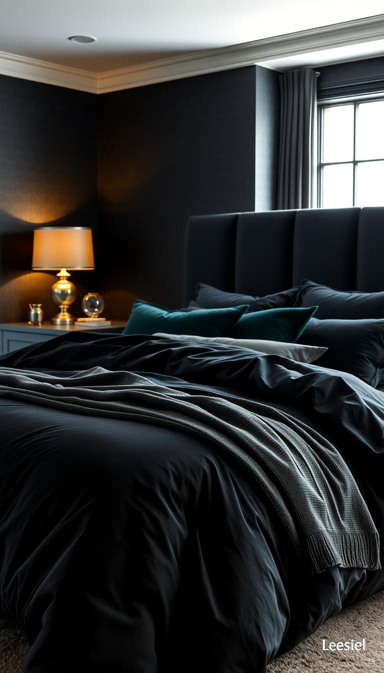 A beautifully arranged interior scene featuring a luxurious bedroom with dark bedding. In the foreground, a plush king-sized bed is dressed in deep black and charcoal duvet covers, layered with forest green and navy pillows, creating a rich color palette. The middle ground includes an elegant nightstand with a stylish lamp casting soft, warm light, illuminating the textures of the bedding. A cozy throw blanket casually drapes over the side of the bed, adding depth. In the background, a wall with dark wallpaper complements the bedding, while a large window allows soft, natural light to filter in, enhancing the serene atmosphere. The overall mood is sophisticated and inviting, perfect for a modern sanctuary. Photorealistic quality with high definition captures the intricate details of fabric textures and lighting nuances.