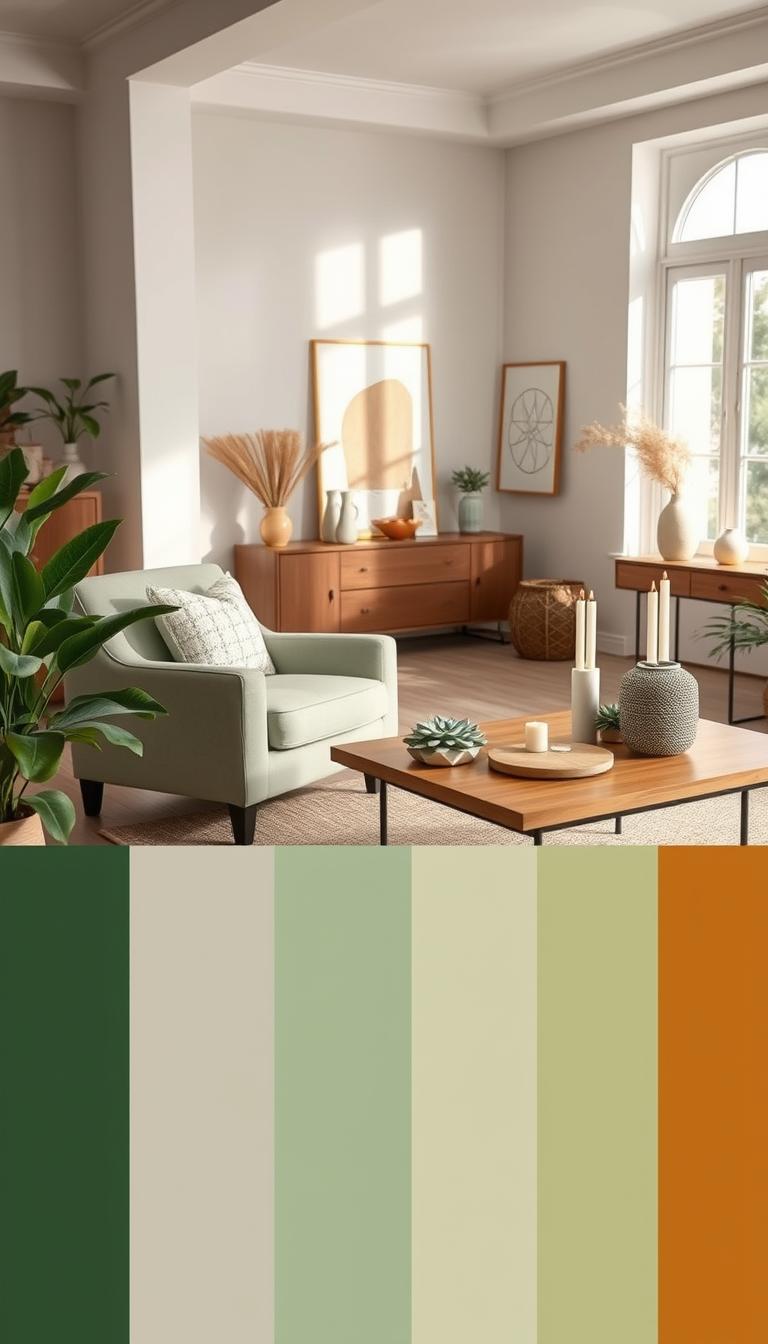 A beautifully arranged interior scene showcasing a variety of color pairings with sage green as the central hue. In the foreground, feature a color palette board displaying swatches of sage green contrasted with soft neutrals, warm beige, and muted terracotta. The middle ground includes tastefully styled furniture pieces—a cozy armchair in a complementary tone and a coffee table adorned with natural decor elements like succulents and candles. In the background, wall art and home accessories reflect the calming scheme, illuminated by natural soft light streaming through large windows. Capture this setting from an angle that highlights the inviting atmosphere, using a wide-angle lens to enhance depth. The mood should evoke tranquility, comfort, and a sense of wellness.
