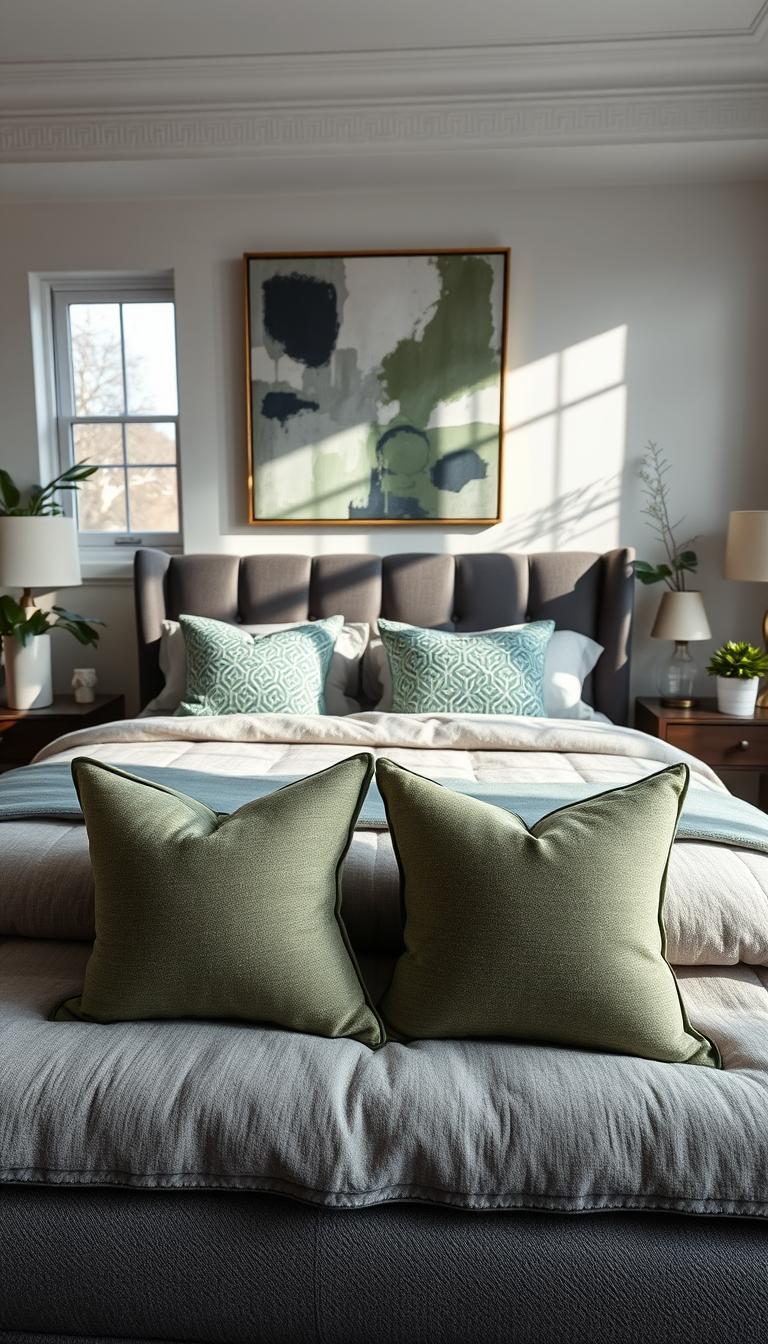 A beautifully arranged interior showcasing a grey and green bedroom that radiates personality and balance. In the foreground, elegant accent pillows with geometric patterns sit on a plush, textured bedspread. The middle ground features a unique abstract artwork above the headboard, incorporating hues of grey and green, enhancing the serene atmosphere. Soft natural light filters through large windows, creating gentle shadows and highlights throughout the room. In the background, tasteful decor, including potted plants and stylish lamps, adds warmth to the space. The overall mood is calm and inviting, ideal for relaxation. Capture this scene in high definition with a slight angle to emphasize depth and detail while maintaining a photorealistic quality. A beautifully arranged interior showcasing a grey and green bedroom that radiates personality and balance. In the foreground, elegant accent pillows with geometric patterns sit on a plush, textured bedspread. The middle ground features a unique abstract artwork above the headboard, incorporating hues of grey and green, enhancing the serene atmosphere. Soft natural light filters through large windows, creating gentle shadows and highlights throughout the room. In the background, tasteful decor, including potted plants and stylish lamps, adds warmth to the space. The overall mood is calm and inviting, ideal for relaxation. Capture this scene in high definition with a slight angle to emphasize depth and detail while maintaining a photorealistic quality.