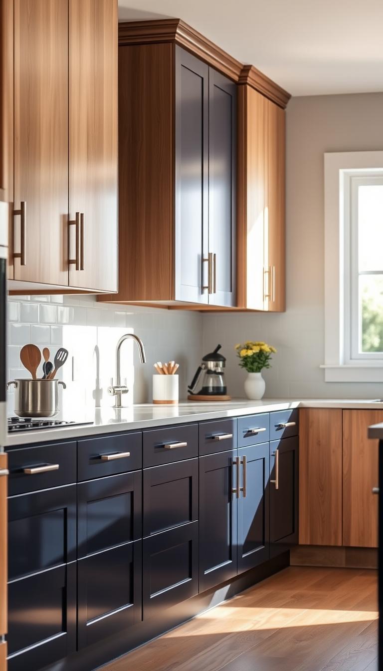 A beautifully arranged kitchen scene showcasing two-tone kitchen cabinets, emphasizing a focus on durability and finish details. In the foreground, sleek, modern cabinets with a deep navy blue base and light oak upper doors display a smooth, glossy finish, reflecting soft kitchen lighting. The middle section includes a pristine countertop adorned with elegant kitchen tools, and a stylish backsplash that complements the cabinet colors. In the background, natural light streams through a large window, illuminating the space and highlighting the texture of the cabinet finishes. The atmosphere is warm and inviting, suggesting a harmonious design that balances aesthetics with practicality, perfect for an article on kitchen durability and maintenance.