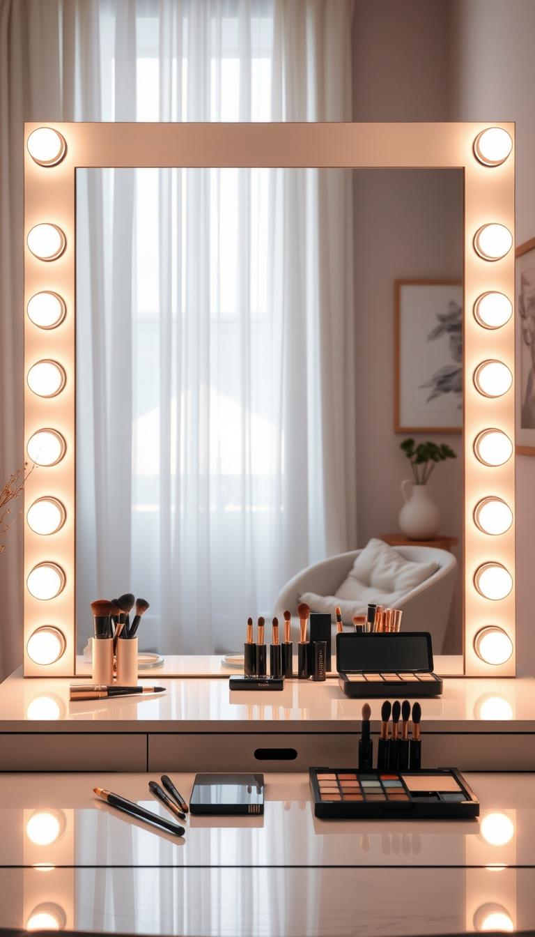 A beautifully arranged makeup room, featuring a sleek vanity table with a large, illuminated mirror surrounded by soft LED lights that create a warm, flattering glow. The foreground showcases a set of elegant makeup brushes and palettes, meticulously placed on the table. In the middle ground, a gentle cascade of natural daylight filters through sheer white curtains, enhancing the serene atmosphere. The background reveals soft pastel walls adorned with minimalistic art, contributing to a tranquil, chic decor. The entire room is bathed in a harmonious blend of natural and artificial light, emphasizing the beauty and functionality of the space. The composition captures an inviting and peaceful ambiance, perfect for showcasing lighting that enhances a flawless makeup application. Photorealistic, high-definition. A beautifully arranged makeup room, featuring a sleek vanity table with a large, illuminated mirror surrounded by soft LED lights that create a warm, flattering glow. The foreground showcases a set of elegant makeup brushes and palettes, meticulously placed on the table. In the middle ground, a gentle cascade of natural daylight filters through sheer white curtains, enhancing the serene atmosphere. The background reveals soft pastel walls adorned with minimalistic art, contributing to a tranquil, chic decor. The entire room is bathed in a harmonious blend of natural and artificial light, emphasizing the beauty and functionality of the space. The composition captures an inviting and peaceful ambiance, perfect for showcasing lighting that enhances a flawless makeup application. Photorealistic, high-definition.