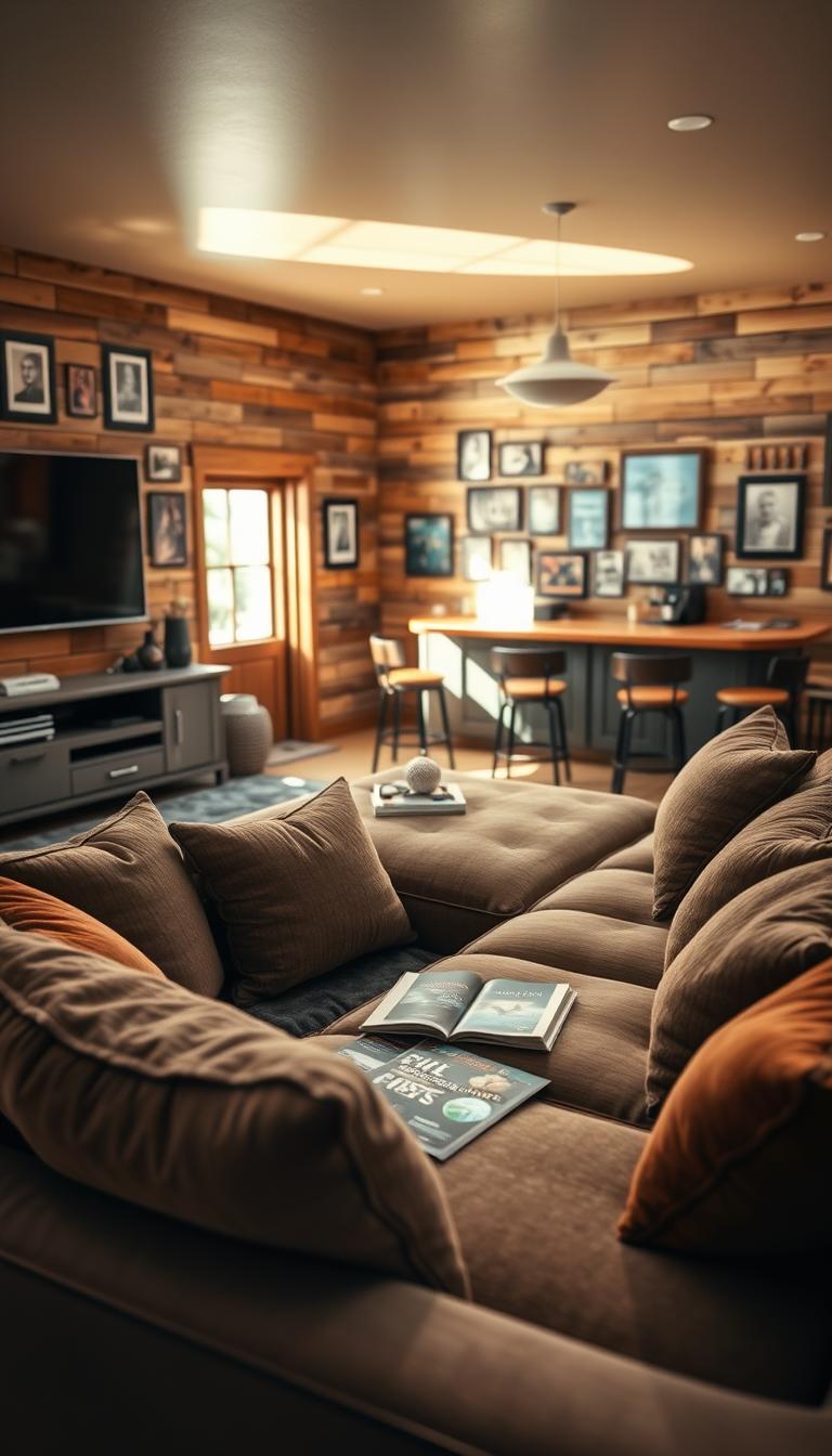 A beautifully arranged man cave featuring a plush sectional sofa adorned with soft, textured cushions in rich, earthy tones. In the foreground, the sectional is complemented by a cozy throw blanket and a stylish coffee table filled with magazines and snacks. In the middle ground, a sleek entertainment center displays a large flat-screen TV and ambient lighting. The background reveals a rustic wooden bar with cozy stools, surrounded by framed memorabilia on the walls, creating an inviting atmosphere. Natural light streams in through a window, casting gentle shadows that enhance the inviting mood. Use a high-definition, photorealistic style, with a warm, inviting color palette and a slight depth-of-field effect to focus on the sectional while softly blurring the surroundings.