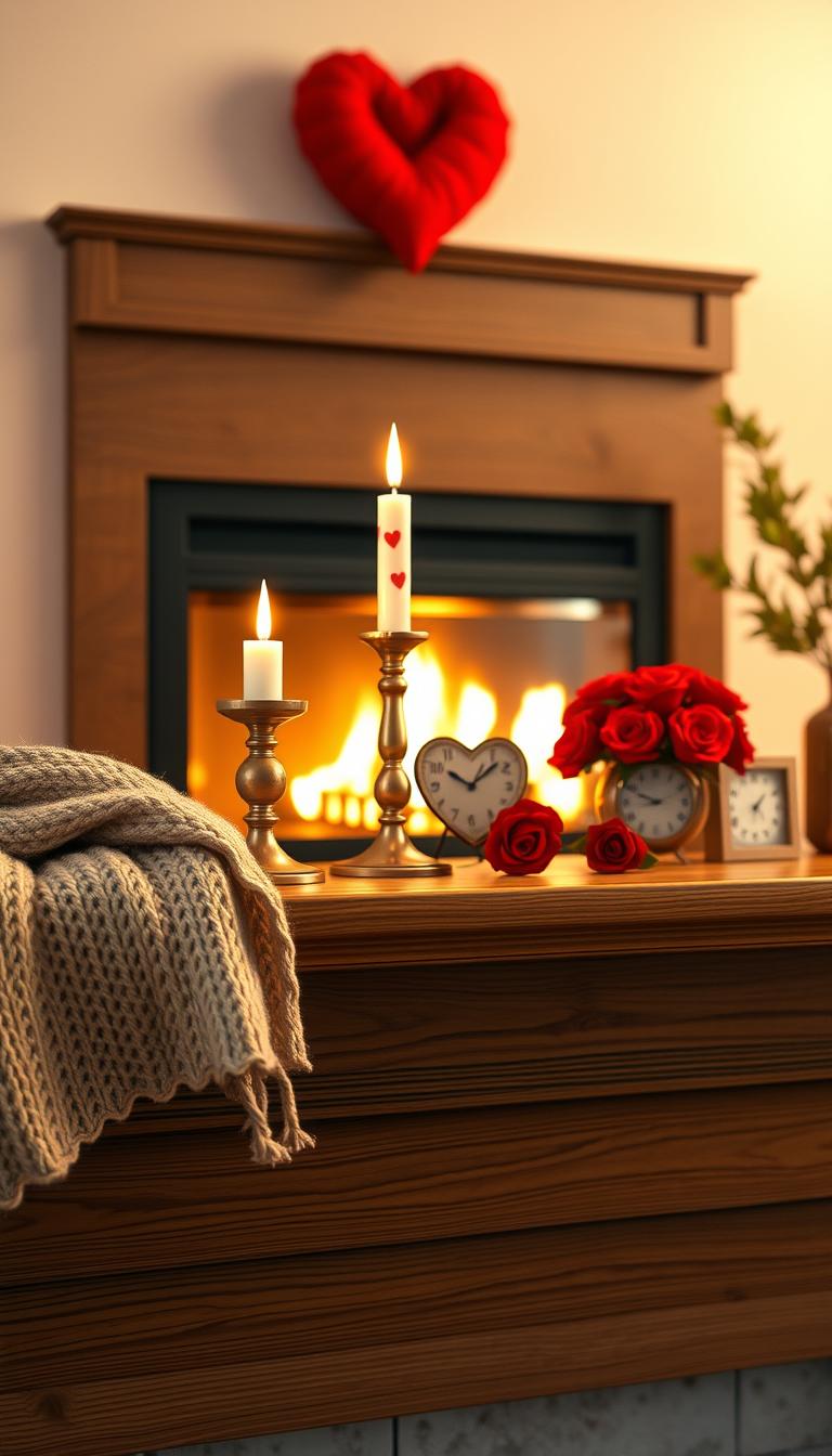 A beautifully arranged mantel focal point for Valentine's Day, featuring a mix of warm-toned decorations. In the foreground, a polished wooden mantel with a soft, knit throw draped over one end. The middle section showcases an array of romantic elements: a pair of elegant candlesticks with flickering candles, a charming heart-shaped vase filled with vibrant red roses, and a small decorative clock. In the background, a gently glowing fireplace adds warmth. Soft, ambient lighting creates a cozy atmosphere, with a shallow depth of field focusing on the décor. The walls have a soft pastel hue, enhancing the inviting feel. Aim for a photorealistic style with a warm and serene mood, capturing the essence of a romantic setting.
