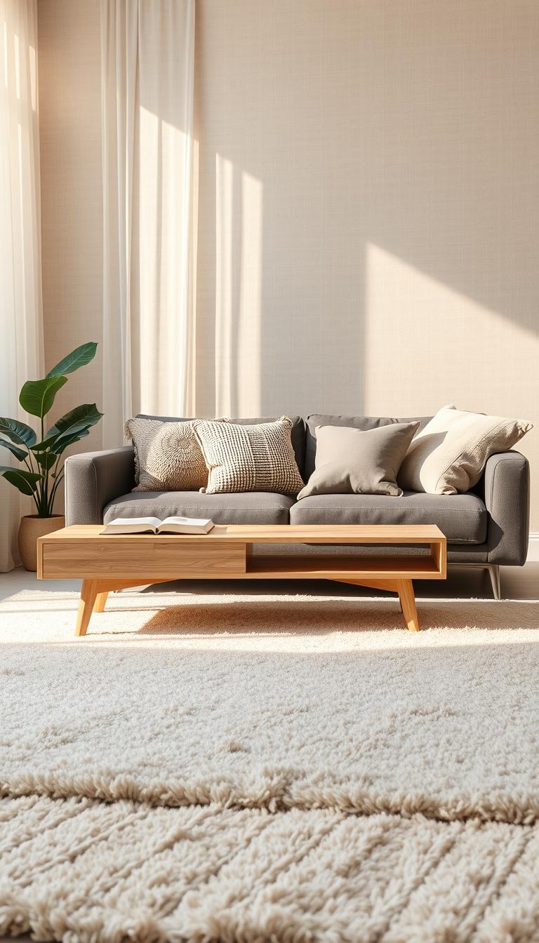 A beautifully arranged neutral texture scene featuring various materials that embody warmth and sophistication. In the foreground, a soft, plush beige rug with a subtle geometric pattern lies beneath a stylish, light wood coffee table. The middle ground showcases a collection of textured cushions in shades of taupe, ivory, and cream, artfully placed on a muted charcoal sofa. Off to the side, a lush indoor plant adds a touch of green for contrast. The background features a softly lit wall adorned with light beige wallpaper that has a delicate fabric texture. Natural daylight filters in through sheer curtains, casting gentle shadows and highlighting the rich textures. This serene composition evokes a calm, inviting atmosphere, ideal for an elegant living space.