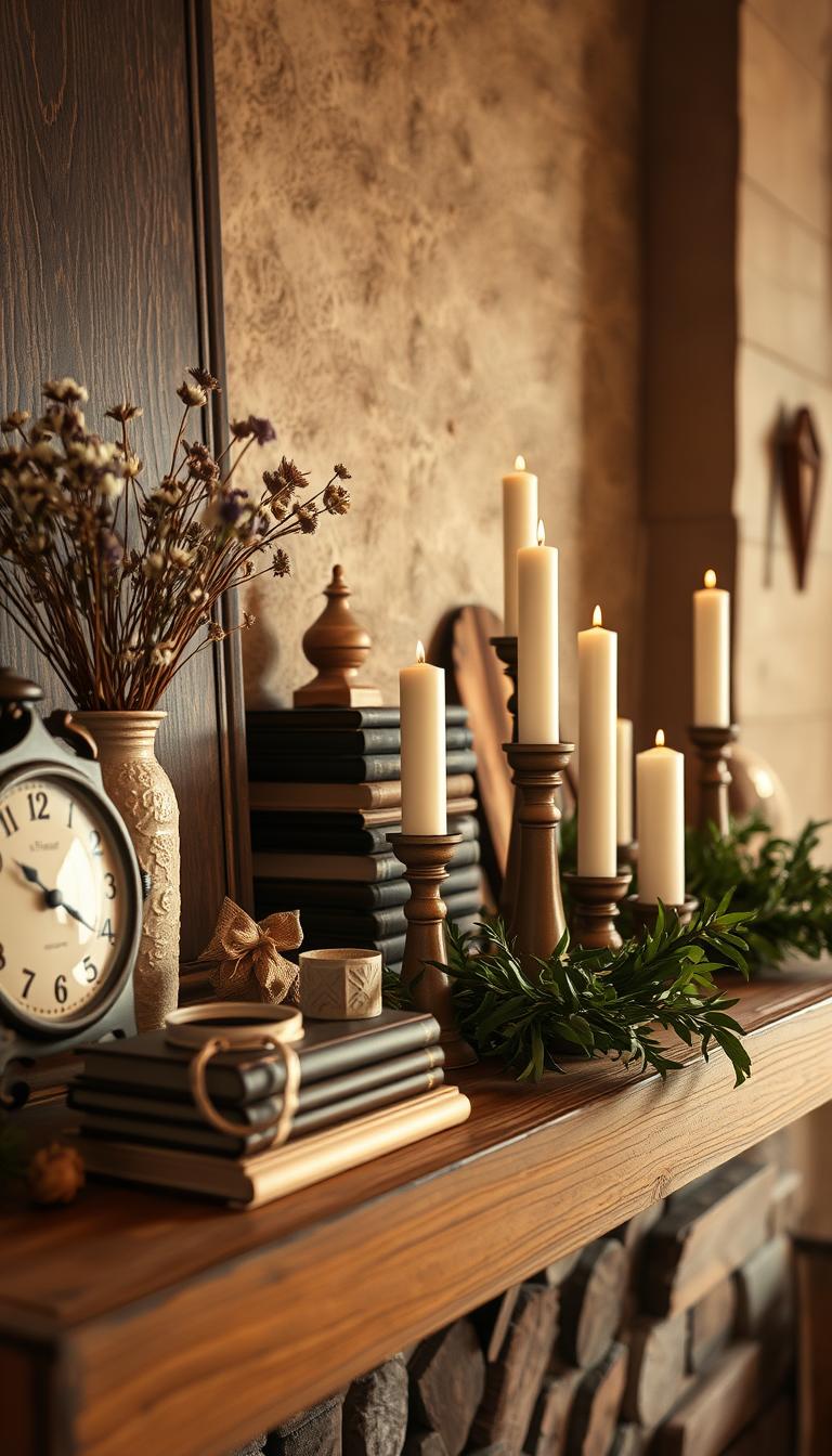 A beautifully arranged rustic mantel decorated with layered elements that create depth and visual interest. In the foreground, a wooden mantel adorned with a collection of decorative objects: a unique, textured vase filled with wildflowers, an antique clock, and a layered stack of art books. In the middle ground, artfully arranged candles of varying heights, paired with rustic wooden accents and natural greenery that overlaps slightly for a cohesive look. The background features a subtly textured wall and an inviting cast from warm, soft lighting that enhances the cozy atmosphere. The image captures an inviting, homely feel, showcasing the beauty of odd-numbered arrangements and careful layering techniques in a rustic setting. High definition, photorealistic style, with a warm color palette and soft focus.