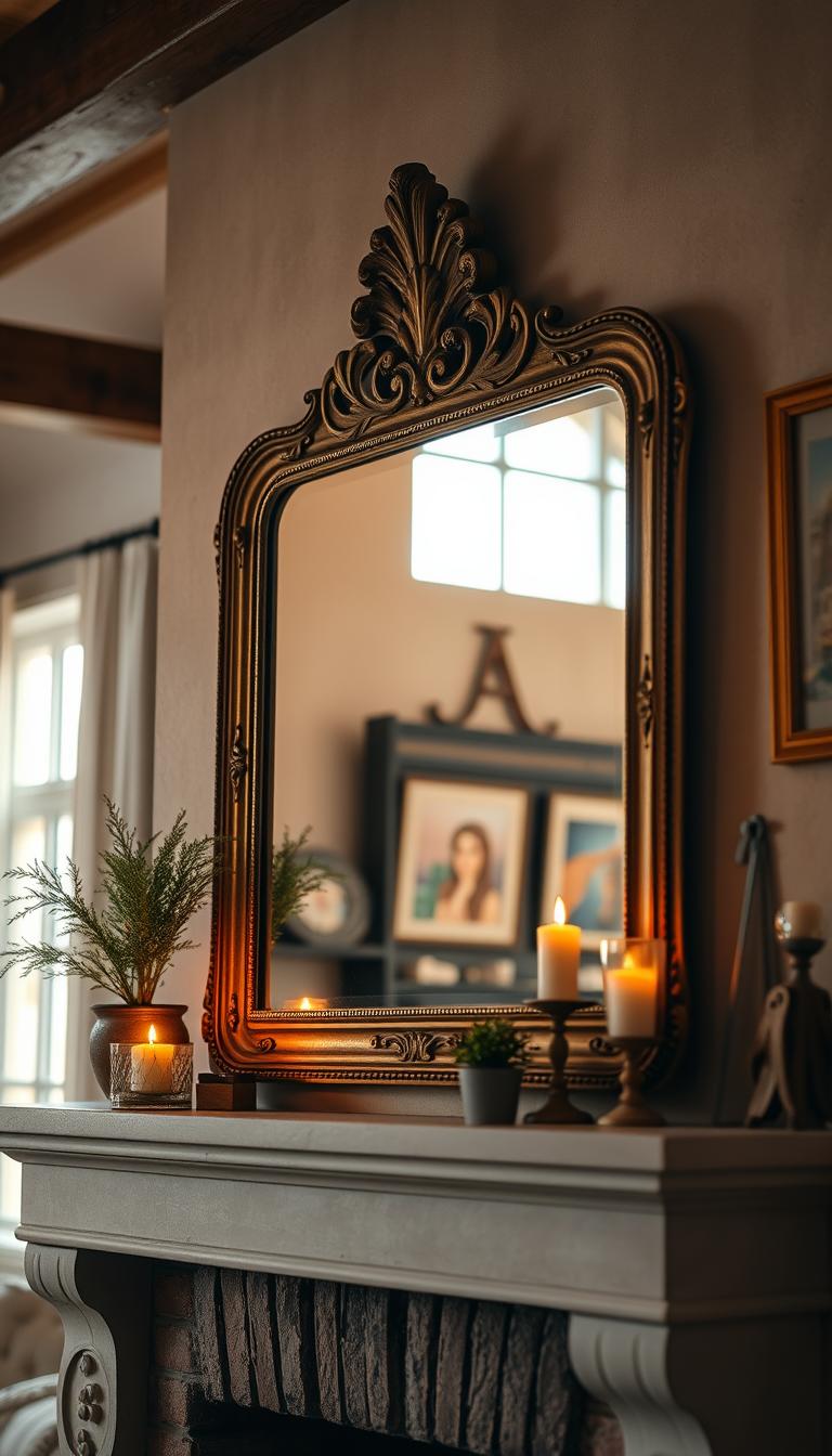A beautifully arranged rustic mantel featuring a large, antique mirror as the focal point, reflecting warm, natural light coming through a nearby window. The mirror has an ornate, weathered gold frame that adds character and charm. Surrounding the mantel are simple yet elegant decorations: a couple of cozy candles flickering softly, a small potted plant for a touch of greenery, and framed art pieces with warm colors that enhance the inviting atmosphere. The background showcases a softly blurred living room with wooden beams and neutral-toned walls, adding to the rustic charm. The overall mood is cozy and welcoming, captured with soft, diffused lighting to create an inviting ambiance. The composition is photorealistic, emphasizing warmth and personality, shot from a slightly elevated angle with a wide lens.