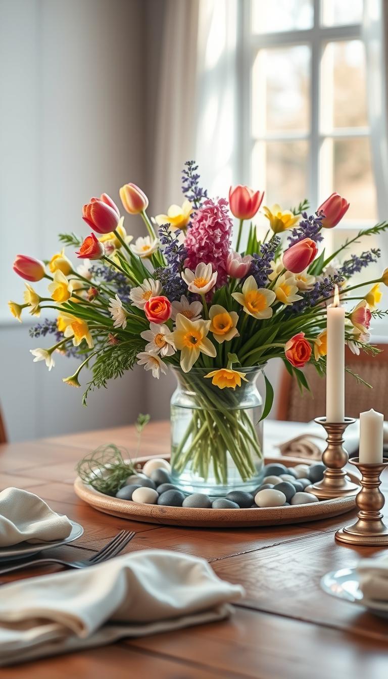 A beautifully arranged spring centerpiece displayed on a rustic wooden table, featuring a variety of fresh spring flowers such as tulips, daffodils, and hyacinths in a clear glass vase. Surround the vase with sprigs of greenery and small decorative stones for an organic touch. In the foreground, include soft linen napkins and elegant candlesticks for added detail. The middle ground showcases the centerpiece in soft focus, emphasizing the vibrant colors and textures of the flowers. In the background, a sunlit window drapes natural light into the scene, casting gentle shadows and creating a warm, inviting atmosphere. Capture this in a photorealistic style with high definition, using a slightly elevated angle to highlight the arrangement's symmetry and beauty. A beautifully arranged spring centerpiece displayed on a rustic wooden table, featuring a variety of fresh spring flowers such as tulips, daffodils, and hyacinths in a clear glass vase. Surround the vase with sprigs of greenery and small decorative stones for an organic touch. In the foreground, include soft linen napkins and elegant candlesticks for added detail. The middle ground showcases the centerpiece in soft focus, emphasizing the vibrant colors and textures of the flowers. In the background, a sunlit window drapes natural light into the scene, casting gentle shadows and creating a warm, inviting atmosphere. Capture this in a photorealistic style with high definition, using a slightly elevated angle to highlight the arrangement's symmetry and beauty.