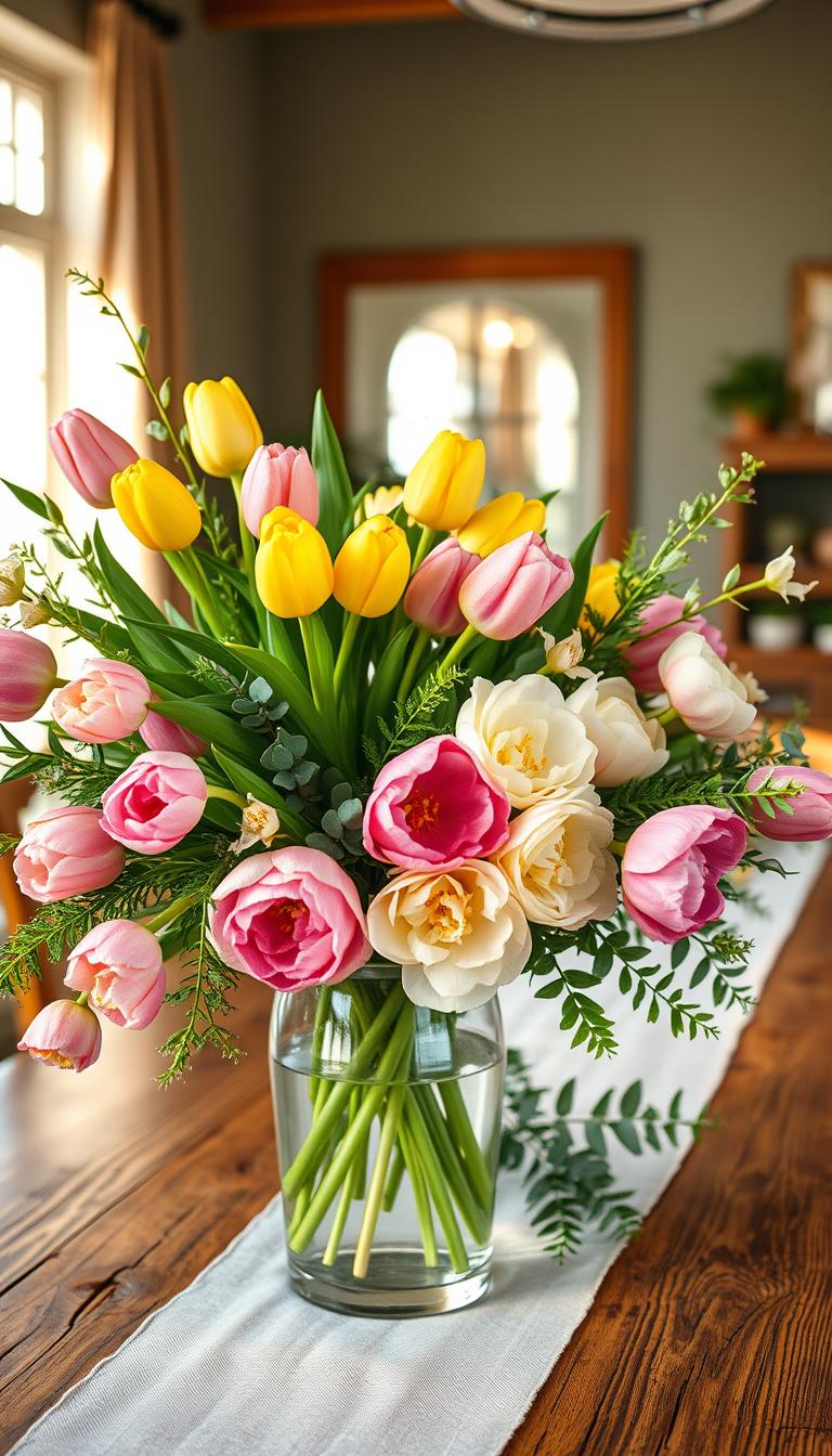 A beautifully arranged spring centerpiece featuring a mix of vibrant florals and lush greenery. In the foreground, a crystal-clear glass vase holds an abundance of fresh tulips in shades of pink, yellow, and white, alongside delicate ranunculus blooms. Wisps of fern and sprigs of eucalyptus weave among the flowers, adding texture and depth. The middle ground showcases a rustic wooden table, adorned with a linen table runner in soft pastel hues. In the background, bright natural light streams in through a nearby window, casting gentle shadows and illuminating the scene, creating a warm, inviting atmosphere. The composition captures the essence of spring, suggesting a cheerful and fresh ambiance perfect for home decor. This image is photorealistic and high definition, highlighting the details of each flower and leaf. A beautifully arranged spring centerpiece featuring a mix of vibrant florals and lush greenery. In the foreground, a crystal-clear glass vase holds an abundance of fresh tulips in shades of pink, yellow, and white, alongside delicate ranunculus blooms. Wisps of fern and sprigs of eucalyptus weave among the flowers, adding texture and depth. The middle ground showcases a rustic wooden table, adorned with a linen table runner in soft pastel hues. In the background, bright natural light streams in through a nearby window, casting gentle shadows and illuminating the scene, creating a warm, inviting atmosphere. The composition captures the essence of spring, suggesting a cheerful and fresh ambiance perfect for home decor. This image is photorealistic and high definition, highlighting the details of each flower and leaf.