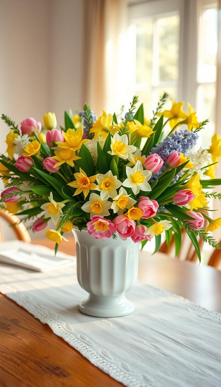 A beautifully arranged spring centerpiece featuring a vibrant mix of fresh flowers like tulips, daffodils, and hyacinths in a classic white ceramic vase. The foreground showcases the centerpiece with delicate petals and lush greenery, while soft, warm natural light illuminates the scene, creating a cheerful atmosphere. In the middle ground, a wooden dining table adds warmth, and lightly patterned fabric runners complement the floral display. The background hints at a sunlit window with sheer curtains, allowing gentle light to filter through, enhancing the brightness of the flowers. The overall mood is inviting and fresh, perfect for celebrating the arrival of spring, captured in high definition with a soft focus effect that highlights the textures of the blooms. A beautifully arranged spring centerpiece featuring a vibrant mix of fresh flowers like tulips, daffodils, and hyacinths in a classic white ceramic vase. The foreground showcases the centerpiece with delicate petals and lush greenery, while soft, warm natural light illuminates the scene, creating a cheerful atmosphere. In the middle ground, a wooden dining table adds warmth, and lightly patterned fabric runners complement the floral display. The background hints at a sunlit window with sheer curtains, allowing gentle light to filter through, enhancing the brightness of the flowers. The overall mood is inviting and fresh, perfect for celebrating the arrival of spring, captured in high definition with a soft focus effect that highlights the textures of the blooms.