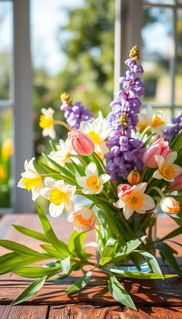 A beautifully arranged spring centerpiece on a rustic wooden table, featuring a vibrant mix of fresh tulips, daffodils, and hyacinths in soft pastel colors, elegantly displayed in a clear glass vase. The foreground showcases delicate green leaves interspersed among the flowers, creating a lush, inviting look. In the middle background, a light, airy garden setting is visible, with hints of outdoor greenery and bright blue skies, softly blurred to add depth. The lighting is warm and natural, creating a sunlit atmosphere that enhances the freshness of the blooms. Capture a close-up shot from a slightly elevated angle to emphasize the intricate details of the petals and the overall composition. The mood is cheerful and refreshing, offering a sense of uplifting spring energy. A beautifully arranged spring centerpiece on a rustic wooden table, featuring a vibrant mix of fresh tulips, daffodils, and hyacinths in soft pastel colors, elegantly displayed in a clear glass vase. The foreground showcases delicate green leaves interspersed among the flowers, creating a lush, inviting look. In the middle background, a light, airy garden setting is visible, with hints of outdoor greenery and bright blue skies, softly blurred to add depth. The lighting is warm and natural, creating a sunlit atmosphere that enhances the freshness of the blooms. Capture a close-up shot from a slightly elevated angle to emphasize the intricate details of the petals and the overall composition. The mood is cheerful and refreshing, offering a sense of uplifting spring energy.