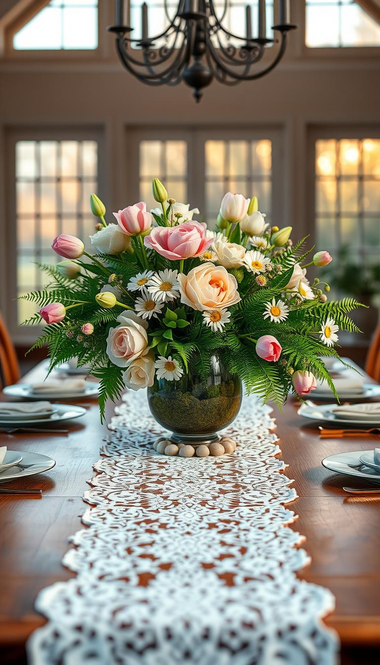 A beautifully arranged spring table centerpiece, featuring an assortment of fresh blooms in pastel hues—peonies, tulips, and daisies—interspersed with vibrant green ferns. The foreground showcases a polished wooden table with a delicate lace table runner, elegantly draping from the center. In the middle, the centerpiece is elevated in a glass vase, garnished with soft moss and small stones for a natural touch. Surrounding the centerpiece, elegant dinnerware in soft shades complements the floral theme. The background is softly blurred, hinting at a sunlit dining space with large windows, allowing golden hour light to create a warm, inviting atmosphere. The image captures the essence of spring, exuding freshness and tranquility, perfect for inspiring spring decor ideas. Photorealistic quality with high definition details and soft focus highlights. A beautifully arranged spring table centerpiece, featuring an assortment of fresh blooms in pastel hues—peonies, tulips, and daisies—interspersed with vibrant green ferns. The foreground showcases a polished wooden table with a delicate lace table runner, elegantly draping from the center. In the middle, the centerpiece is elevated in a glass vase, garnished with soft moss and small stones for a natural touch. Surrounding the centerpiece, elegant dinnerware in soft shades complements the floral theme. The background is softly blurred, hinting at a sunlit dining space with large windows, allowing golden hour light to create a warm, inviting atmosphere. The image captures the essence of spring, exuding freshness and tranquility, perfect for inspiring spring decor ideas. Photorealistic quality with high definition details and soft focus highlights.