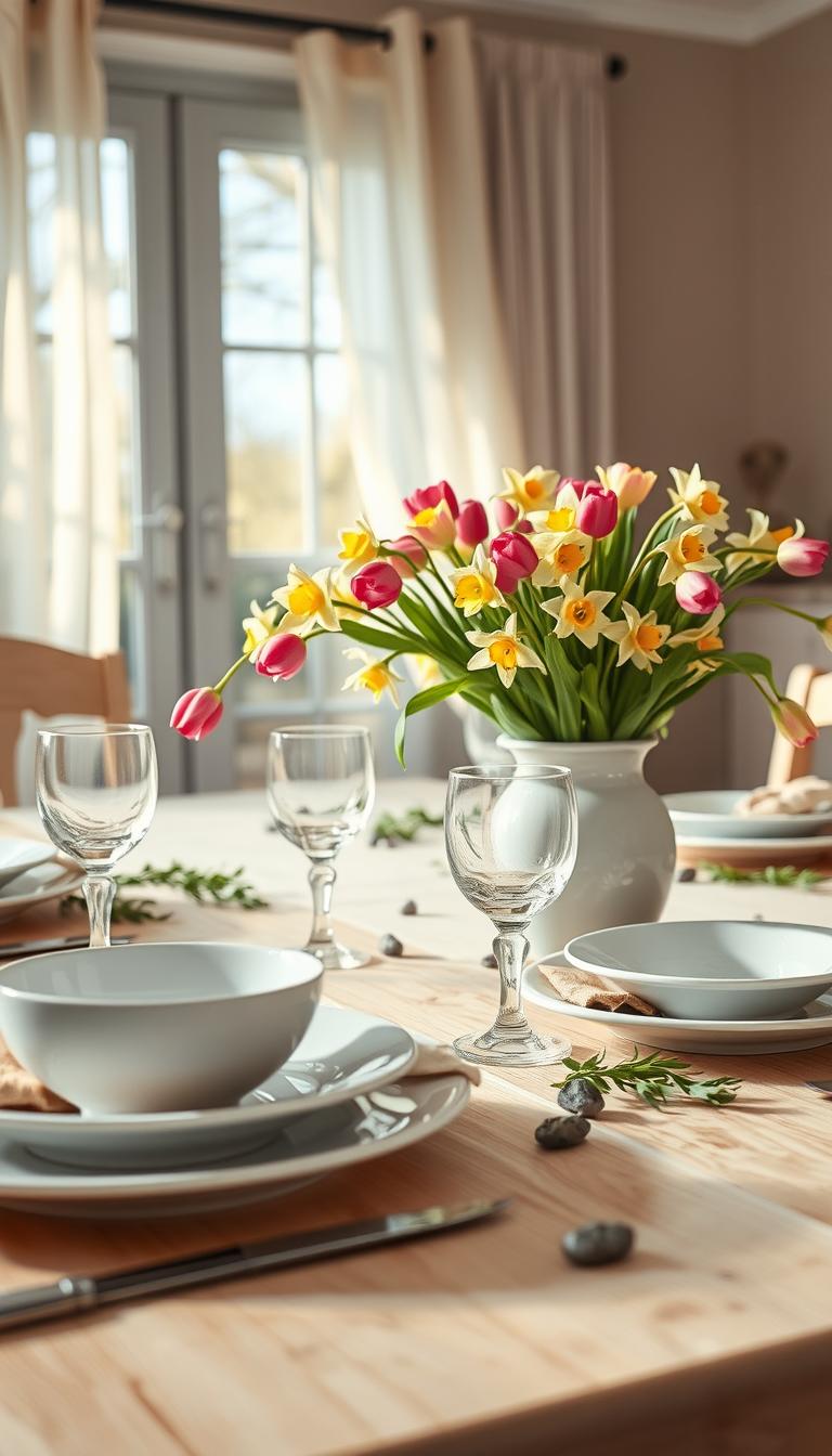 A beautifully arranged spring table decor, featuring a light wooden dining table with a soft pastel tablecloth. In the foreground, elegant white ceramic plates are artfully stacked with vibrant, fresh spring flowers, like tulips and daffodils, in a rustic vase. Delicate, hand-painted glassware gleams beside subtly shimmering napkins. In the middle ground, scattered lush green foliage and small decorative rocks add texture. The background reveals a sunlit window with sheer curtains flowing slightly, illuminating the scene with warm, natural light. The atmosphere feels refreshing and inviting, evoking the essence of spring. The image should be captured in high definition with a shallow depth of field, highlighting the details of the decor while softly blurring the background for an elegant touch. A beautifully arranged spring table decor, featuring a light wooden dining table with a soft pastel tablecloth. In the foreground, elegant white ceramic plates are artfully stacked with vibrant, fresh spring flowers, like tulips and daffodils, in a rustic vase. Delicate, hand-painted glassware gleams beside subtly shimmering napkins. In the middle ground, scattered lush green foliage and small decorative rocks add texture. The background reveals a sunlit window with sheer curtains flowing slightly, illuminating the scene with warm, natural light. The atmosphere feels refreshing and inviting, evoking the essence of spring. The image should be captured in high definition with a shallow depth of field, highlighting the details of the decor while softly blurring the background for an elegant touch.