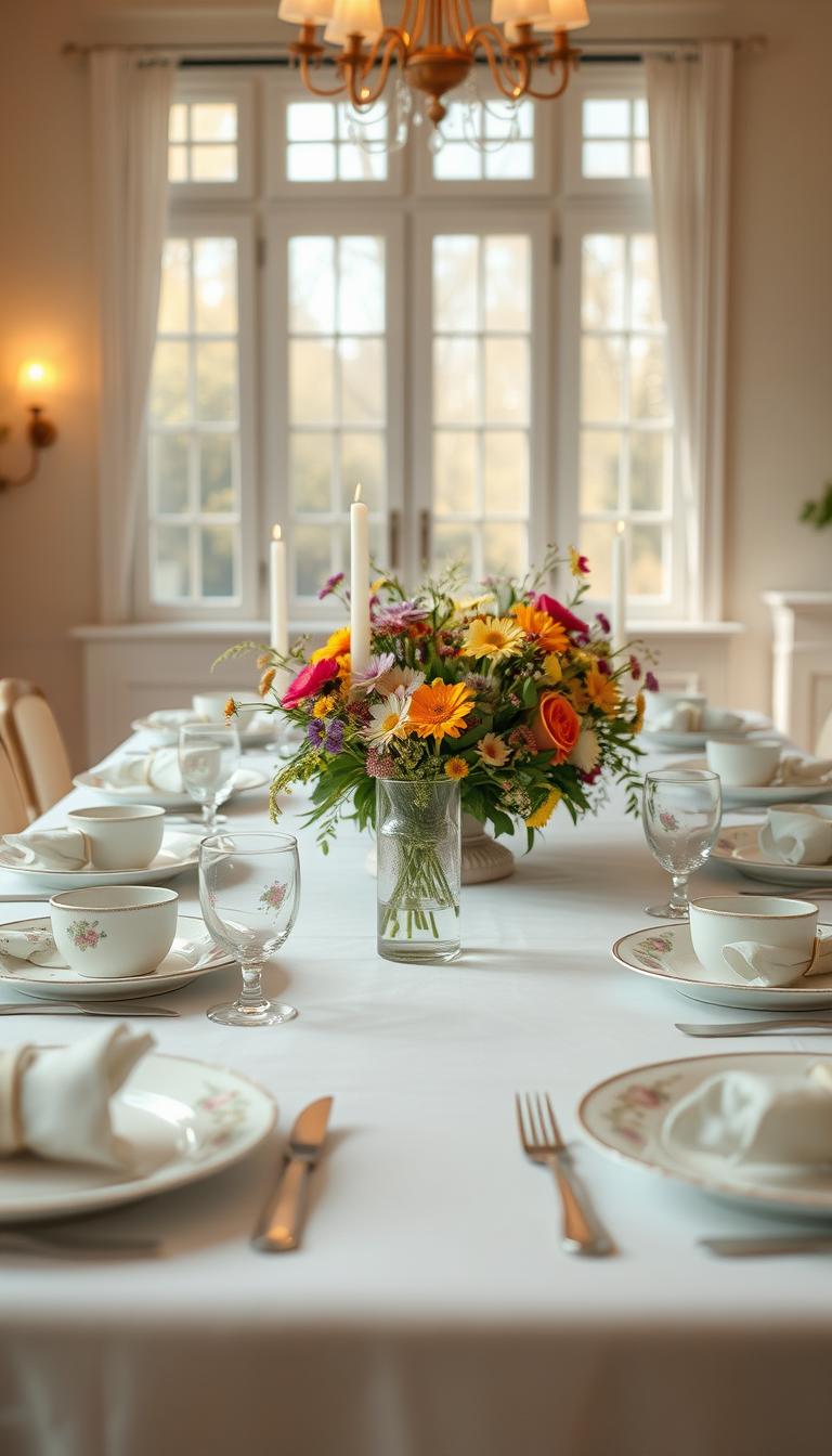 A beautifully arranged spring table setting in a bright, airy dining room. The foreground features an elegant table adorned with a light pastel tablecloth, complemented by fine china plates in soft floral patterns. Each place setting includes a vintage silver fork and knife, a linen napkin elegantly folded, and a small glass vase with fresh wildflowers. In the middle, a centerpiece displays a stunning arrangement of seasonal blooms in vibrant colors, surrounded by soft candlelight. The background showcases large windows letting in warm, natural light that casts a gentle glow, enhancing the serene atmosphere. The scene captures the essence of spring with a focus on blending beauty and functionality for a perfect dining experience. Photorealistic, high definition. A beautifully arranged spring table setting in a bright, airy dining room. The foreground features an elegant table adorned with a light pastel tablecloth, complemented by fine china plates in soft floral patterns. Each place setting includes a vintage silver fork and knife, a linen napkin elegantly folded, and a small glass vase with fresh wildflowers. In the middle, a centerpiece displays a stunning arrangement of seasonal blooms in vibrant colors, surrounded by soft candlelight. The background showcases large windows letting in warm, natural light that casts a gentle glow, enhancing the serene atmosphere. The scene captures the essence of spring with a focus on blending beauty and functionality for a perfect dining experience. Photorealistic, high definition.