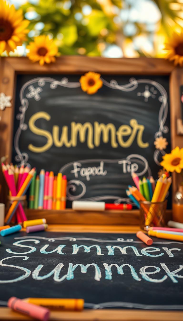 A beautifully arranged summer-themed chalkboard design, featuring artistic lettering tips, decorative borders, and effective layout ideas. In the foreground, showcase a close-up of neatly drawn chalk lettering in vibrant colors, illustrating various styles like cursive and block letters. The middle layer presents an array of colorful chalk pieces, pencils, and erasers neatly organized, enhancing creativity. In the background, a rustic wooden frame surrounds the chalkboard, adorned with summer motifs like sunflowers and beach elements, softly blurred to maintain focus on the chalkboard itself. The warm, golden sunlight casts a gentle glow, creating an inviting and cheerful atmosphere. Capture this scene with a shallow depth of field, emphasizing the details of the chalk art and enhancing the overall mood of creativity and inspiration in a photorealistic style. A beautifully arranged summer-themed chalkboard design, featuring artistic lettering tips, decorative borders, and effective layout ideas. In the foreground, showcase a close-up of neatly drawn chalk lettering in vibrant colors, illustrating various styles like cursive and block letters. The middle layer presents an array of colorful chalk pieces, pencils, and erasers neatly organized, enhancing creativity. In the background, a rustic wooden frame surrounds the chalkboard, adorned with summer motifs like sunflowers and beach elements, softly blurred to maintain focus on the chalkboard itself. The warm, golden sunlight casts a gentle glow, creating an inviting and cheerful atmosphere. Capture this scene with a shallow depth of field, emphasizing the details of the chalk art and enhancing the overall mood of creativity and inspiration in a photorealistic style.
