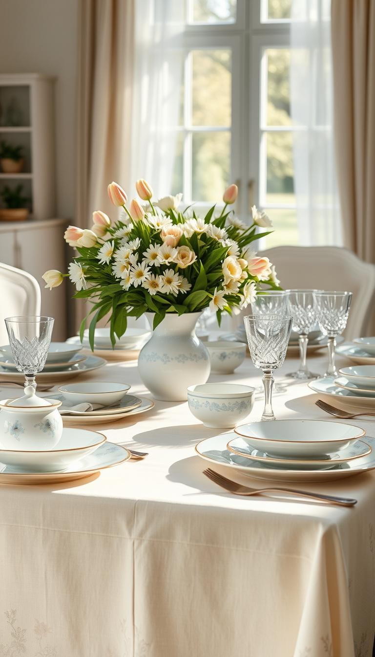 A beautifully arranged tablescape showcasing a light, airy spring theme. In the foreground, a rectangular table draped with soft, pastel-colored linen featuring delicate floral patterns. The middle layer displays an elegant assortment of serveware: a collection of fine china dishes adorned with light blue and white motifs, crystal glassware glimmering in natural light, and a selection of polished silver utensils. An eye-catching centerpiece of fresh spring flowers—tulips, daisies, and lush greenery—situated in a vintage vase. In the background, soft sunlight streams through a nearby window, casting gentle shadows and illuminating the scene, creating a warm and inviting atmosphere. The entire composition exudes a refreshing spring vibe, perfect for a cozy gathering. Photorealistic rendering with high definition, captured from a slightly elevated angle to enhance the depth of the tablescape. A beautifully arranged tablescape showcasing a light, airy spring theme. In the foreground, a rectangular table draped with soft, pastel-colored linen featuring delicate floral patterns. The middle layer displays an elegant assortment of serveware: a collection of fine china dishes adorned with light blue and white motifs, crystal glassware glimmering in natural light, and a selection of polished silver utensils. An eye-catching centerpiece of fresh spring flowers—tulips, daisies, and lush greenery—situated in a vintage vase. In the background, soft sunlight streams through a nearby window, casting gentle shadows and illuminating the scene, creating a warm and inviting atmosphere. The entire composition exudes a refreshing spring vibe, perfect for a cozy gathering. Photorealistic rendering with high definition, captured from a slightly elevated angle to enhance the depth of the tablescape.