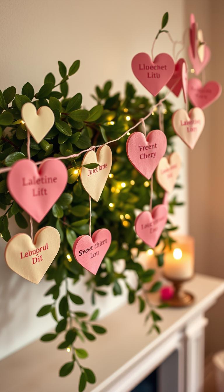 A beautifully crafted DIY garland made of pastel-colored conversation hearts, each heart featuring sweet and cheerful messages, hangs gracefully across a softly decorated mantel. In the foreground, the hearts are intricately detailed with a slight sheen, showcasing the texture of the paper. The middle ground features lush greenery intertwined with fairy lights, illuminating the hearts and creating a warm glow. The background reveals a cozy living space, with soft, neutral-toned walls and a flickering candle casting gentle shadows. The lighting is soft and inviting, mimicking the comfort of a romantic setting, captured with a slight overhead angle to highlight the heart garland. The atmosphere is warm and delightful, perfect for celebrating love and togetherness.