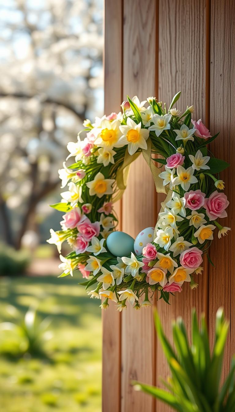 A beautifully crafted Easter wreath, vibrant and colorful, featuring a mix of fresh spring flowers like daffodils, tulips, and hyacinths intertwined with lush green foliage. The wreath is artfully arranged with pastel-colored Easter eggs nestled among the blossoms, adorned with delicate ribbons. In the foreground, the wreath is displayed prominently, while the middle ground shows a wooden door or wall with natural textures, enhancing the rustic charm. The background softly blurs into a sunny spring garden, filled with blossoming trees and bright skies, creating a warm, inviting atmosphere. The lighting is soft and natural, simulating the golden hour, capturing the freshness and joy of spring. This photorealistic image should evoke a sense of celebration and renewal, ideal for inspiring readers to create their own festive decorations.