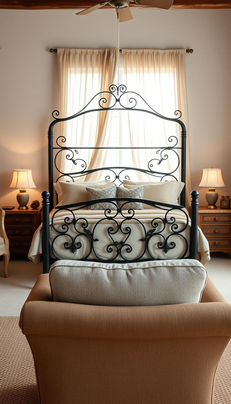 A beautifully crafted iron bed serves as the focal point of a Western-style bedroom, featuring intricate scrollwork and a rich, dark finish. The bed is adorned with layered bedding, showcasing a combination of neutral linens and textured throw pillows that add warmth and comfort. In the foreground, natural wooden bedside tables hold rustic lamps, casting a soft, inviting glow. The middle ground reveals a cozy seating area with a vintage armchair and a woven rug that complements the earth tones. The background features a serene window with flowing sheer curtains, allowing soft, diffused sunlight to filter through. The room exudes a tranquil atmosphere, evoking feelings of relaxation and retreat, perfect for a peaceful sanctuary. The image should be photorealistic and high definition, captured with a wide-angle lens to enhance depth and detail.