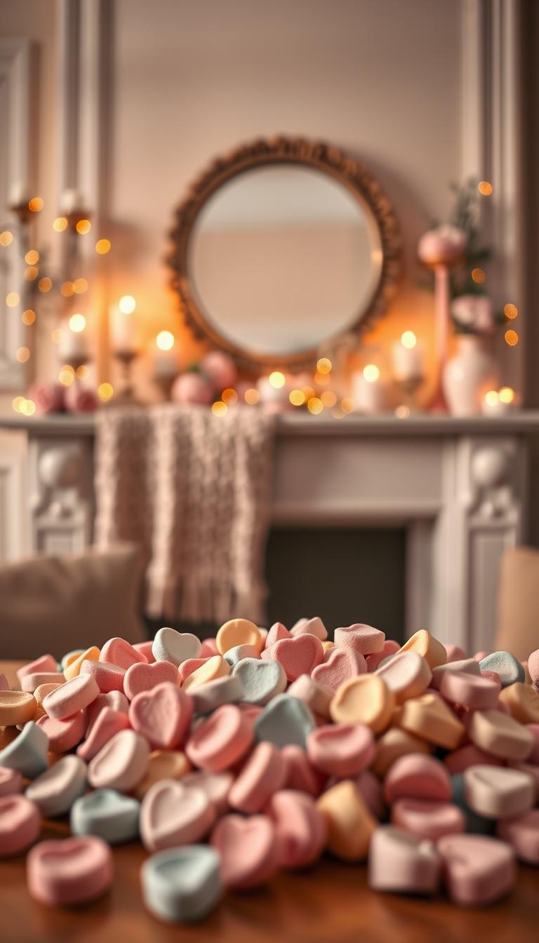 A beautifully curated Valentine's Day color palette inspired by conversation hearts. In the foreground, display an array of pastel shades—soft pinks, light blues, pale yellows, and lavender—arranged in artistic swatches. The middle ground features an elegant mantel decorated with romantic elements: a cozy knit throw, delicate rose petals, and charming candle holders in complementary hues. In the background, a softly blurred vignette of fairy lights twinkling creates a warm, inviting atmosphere. The lighting is soft and diffused, reminiscent of golden hour, enhancing the cozy feel. Use a shallow depth of field to focus on the palette in the foreground, creating an intimate and enchanting mood. The image should be photorealistic and high definition, evoking warmth and romance without any text or distractions.