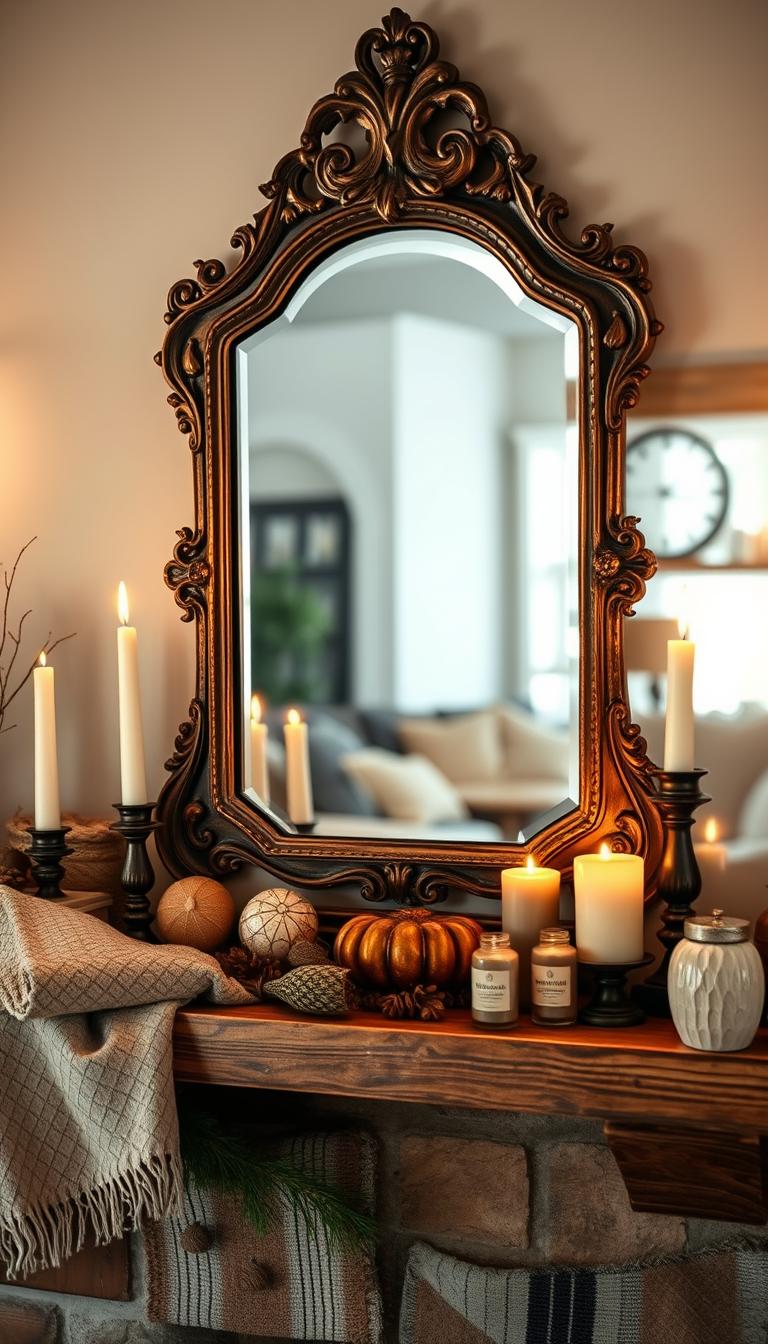 A beautifully curated rustic mantel featuring a stunning, vintage-style mirror as the centerpiece. In the foreground, the ornate mirror reflects soft, natural light, adding warmth to the scene. Surrounding it, a carefully arranged collection of textured blankets, antique candles, and seasonal decor creates a cozy atmosphere. In the middle, the mantel itself boasts a weathered wooden finish, complementing the mirror's aged elegance. The background shows a softly blurred living room setting, with a comfy sofa and earthy tones in decor, evoking a sense of tranquility and homeliness. The overall mood is inviting and serene, captured with a soft focus lens and warm lighting to enhance the rustic charm. High definition, photorealistic detail brings every element to life, perfect for a cozy focal point theme.
