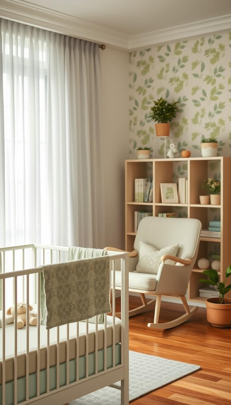 A beautifully decorated nursery featuring serene sage green accents. In the foreground, a cozy crib adorned with a soft sage green blanket and plush toys creates a welcoming atmosphere. In the middle ground, a gently rocking chair upholstered in a complementary soft beige is positioned beside a light wooden bookshelf filled with children's books and decorative items in shades of cream and light wood. The background showcases calming leafy wallpaper and delicate sheer curtains allowing soft, diffused natural light to flood the room, creating an airy feel. The polished wooden floor enhances the tranquil vibe, while potted plants in soft terracotta pots add a touch of nature. The overall mood is peaceful and inviting, perfect for nurturing and relaxation, captured in high-definition for a photorealistic effect. A beautifully decorated nursery featuring serene sage green accents. In the foreground, a cozy crib adorned with a soft sage green blanket and plush toys creates a welcoming atmosphere. In the middle ground, a gently rocking chair upholstered in a complementary soft beige is positioned beside a light wooden bookshelf filled with children's books and decorative items in shades of cream and light wood. The background showcases calming leafy wallpaper and delicate sheer curtains allowing soft, diffused natural light to flood the room, creating an airy feel. The polished wooden floor enhances the tranquil vibe, while potted plants in soft terracotta pots add a touch of nature. The overall mood is peaceful and inviting, perfect for nurturing and relaxation, captured in high-definition for a photorealistic effect.