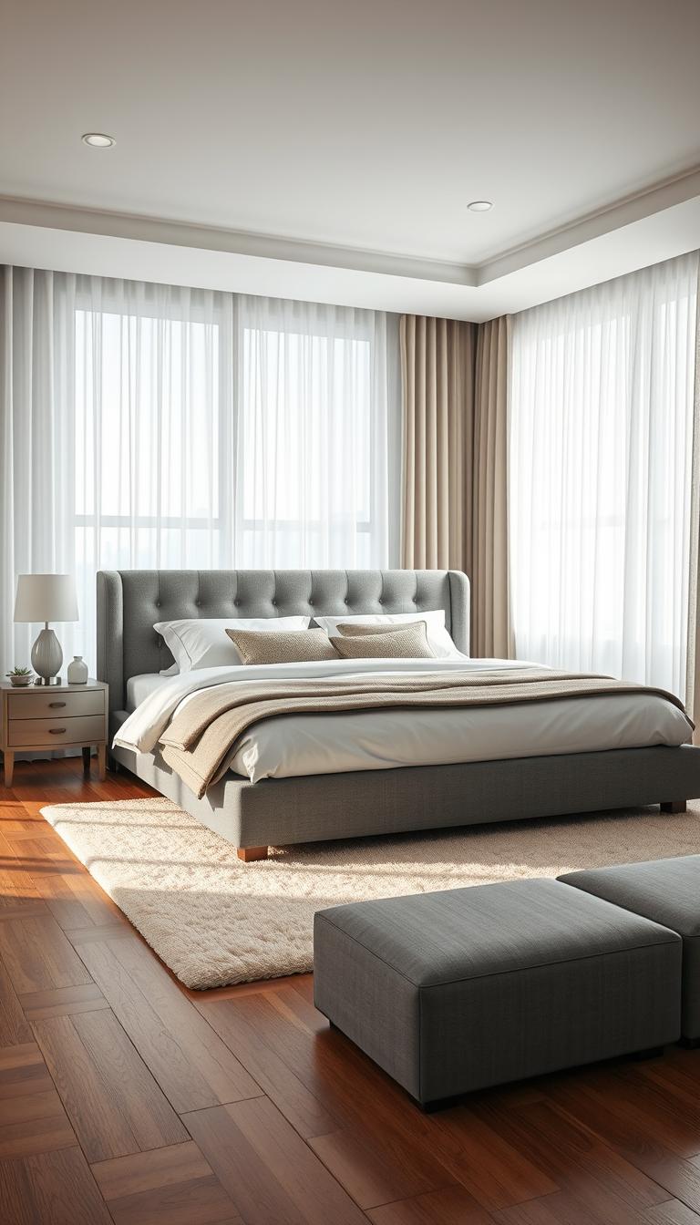 A beautifully designed adult bedroom showcasing a stylish, modern bed as the centerpiece. The bed features a plush, tufted headboard in a soft gray fabric, paired with crisp white linens and an array of textured pillows in muted tones. In the foreground, a chic nightstand with a minimalistic lamp and a few elegant decorative items. The middle area showcases a plush area rug beneath the bed, adding warmth to the hardwood floor. In the background, a large window draped with light, airy curtains allowing soft natural light to fill the room, creating a calming and inviting atmosphere. The overall mood is serene and sophisticated, captured in high-definition photorealism with soft diffused lighting emphasizing comfort and style.