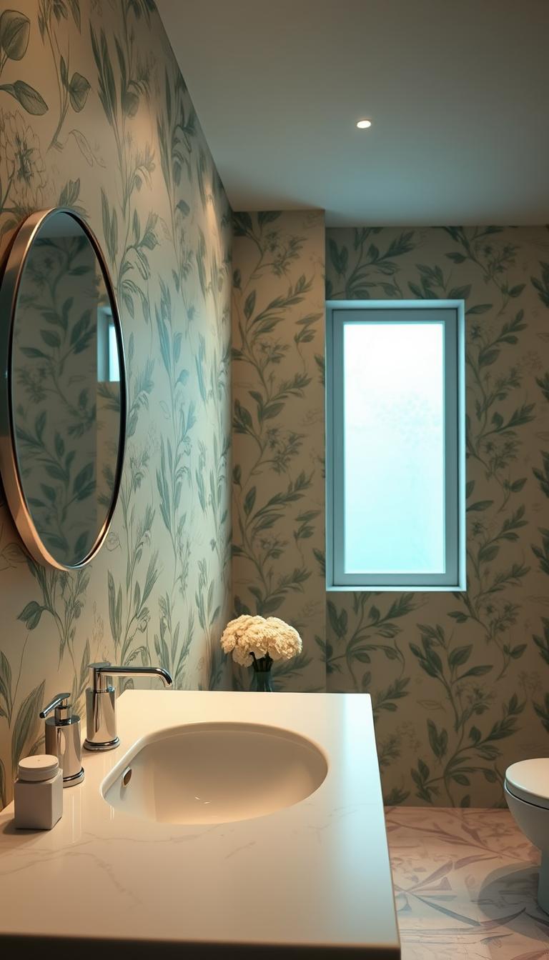 A beautifully designed bathroom featuring an elegant wallpaper with a soft, botanical pattern in calming shades of green and beige, exuding a serene and refreshing atmosphere. In the foreground, a sleek, modern vanity with polished chrome fixtures and a round mirror reflects the inviting aesthetic. The middle section includes the wallpapered wall, showcasing intricate floral and leaf motifs that add depth and texture. The background reveals soft, diffused natural light streaming through a frosted window, enhancing the tranquility of the space. The overall composition captures the essence of a rejuvenating bathroom environment, evoking feelings of relaxation and harmony, all rendered in vivid, photorealistic detail with high definition. A beautifully designed bathroom featuring an elegant wallpaper with a soft, botanical pattern in calming shades of green and beige, exuding a serene and refreshing atmosphere. In the foreground, a sleek, modern vanity with polished chrome fixtures and a round mirror reflects the inviting aesthetic. The middle section includes the wallpapered wall, showcasing intricate floral and leaf motifs that add depth and texture. The background reveals soft, diffused natural light streaming through a frosted window, enhancing the tranquility of the space. The overall composition captures the essence of a rejuvenating bathroom environment, evoking feelings of relaxation and harmony, all rendered in vivid, photorealistic detail with high definition.