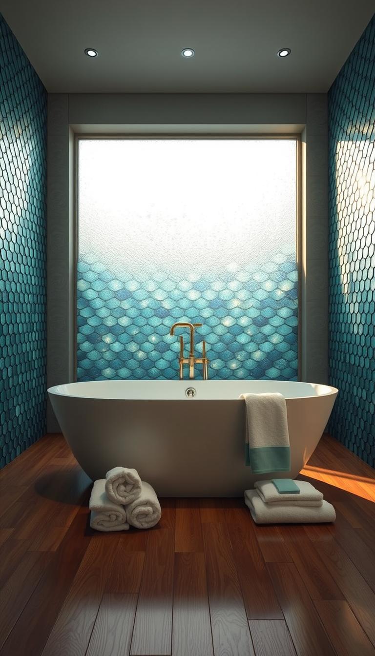 A beautifully designed bathroom featuring mermaid tile in a stunning array of iridescent blues and greens, creating a shimmering underwater effect. In the foreground, a sleek, modern bathtub is positioned elegantly on a polished wooden floor, accented by soft, white fluffy towels. In the middle ground, ornate mermaid tiles adorn the walls, showcasing intricate scales and flowing shapes that reflect light in a captivating manner. The background features a large frosted window with natural sunlight streaming in, creating a warm and inviting atmosphere. The overall mood is tranquil and rejuvenating, evoking the serenity of an ocean escape. The photo is captured with a wide-angle lens, emphasizing the spaciousness of the room while maintaining a photorealistic quality with high definition.