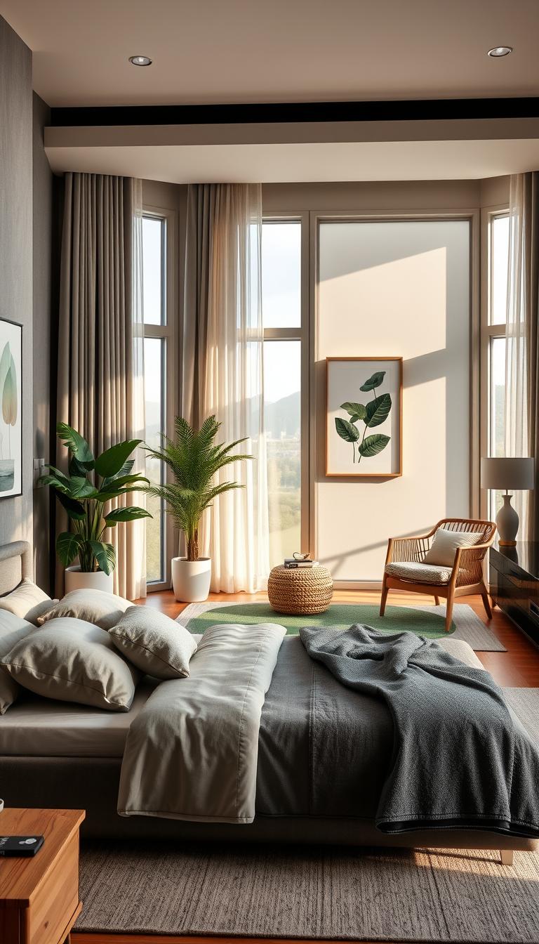 A beautifully designed bedroom featuring a harmonious grey and green color scheme, showcasing elegantly arranged furniture. In the foreground, a sleek grey upholstered bed with plush pillows is accented by a natural wood nightstand. The middle ground reveals a soft green area rug and a cozy reading nook with an armchair made from organic materials, complemented by a small potted plant. In the background, large windows flood the room with warm, natural light, casting soft shadows that enhance the texture of the walls. Soft curtains and nature-inspired artwork adorn the space, creating a serene atmosphere. The scene captures a perfect blend of modern elegance and natural elements, with a focus on comfort and tranquility in a photorealistic style. A beautifully designed bedroom featuring a harmonious grey and green color scheme, showcasing elegantly arranged furniture. In the foreground, a sleek grey upholstered bed with plush pillows is accented by a natural wood nightstand. The middle ground reveals a soft green area rug and a cozy reading nook with an armchair made from organic materials, complemented by a small potted plant. In the background, large windows flood the room with warm, natural light, casting soft shadows that enhance the texture of the walls. Soft curtains and nature-inspired artwork adorn the space, creating a serene atmosphere. The scene captures a perfect blend of modern elegance and natural elements, with a focus on comfort and tranquility in a photorealistic style.