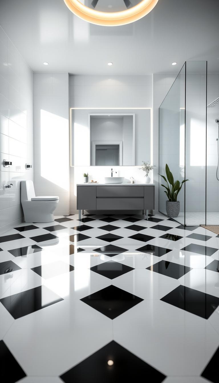 A beautifully designed black and white checkerboard floor tile pattern in a small, modern bathroom setting. The foreground features glossy, polished black and white tiles arranged in a classic checkerboard design, reflecting soft ambient lighting. In the middle, a sleek vanity with elegant fixtures complements the tile floor, creating a harmonious balance. The background showcases a large, frameless mirror that enhances the spaciousness of the room, paired with minimalist decor such as potted plants and stylish bathroom accessories. The lighting is bright yet soft, highlighting the sophisticated contrasts of the tiles. The overall atmosphere is tranquil and spa-like, inviting relaxation and mindfulness. The image is captured in high definition, emphasizing the tile texture and detail without any text or watermarks. A beautifully designed black and white checkerboard floor tile pattern in a small, modern bathroom setting. The foreground features glossy, polished black and white tiles arranged in a classic checkerboard design, reflecting soft ambient lighting. In the middle, a sleek vanity with elegant fixtures complements the tile floor, creating a harmonious balance. The background showcases a large, frameless mirror that enhances the spaciousness of the room, paired with minimalist decor such as potted plants and stylish bathroom accessories. The lighting is bright yet soft, highlighting the sophisticated contrasts of the tiles. The overall atmosphere is tranquil and spa-like, inviting relaxation and mindfulness. The image is captured in high definition, emphasizing the tile texture and detail without any text or watermarks.