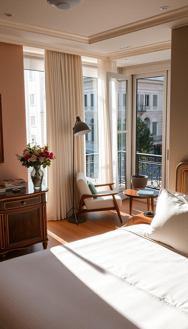 A beautifully designed boutique hotel room in the heart of Nice, featuring sunlit, vintage-forward decor. In the foreground, a plush king-sized bed with stylish patterned linens sits elegantly against a pastel-colored wall, complemented by vintage artifacts. To the left, an antique wooden nightstand holds a classic vase of fresh flowers under a stylish reading lamp. In the middle ground, a cozy sitting area with a mid-century modern chair and coffee table invites relaxation, bathed in natural light streaming through sheer curtains. In the background, large windows offer a glimpse of the bustling streets of Nice, showcasing a vibrant urban atmosphere. The scene is illuminated by warm, inviting lighting, creating a cheerful and stylish ambiance in high definition. The overall mood is tranquil and sophisticated, ideal for a chic getaway.