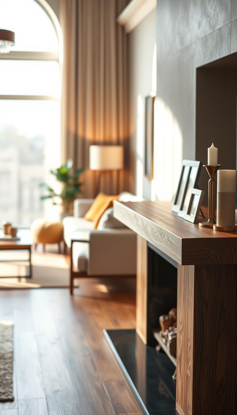 A beautifully designed contemporary mantel displayed prominently in the foreground, showcasing its elegant lines and rich textures in high-definition detail. The mantel should possess specific dimensions—approximately 60 inches wide, 12 inches deep, and 48 inches high—highlighting its functional and aesthetic appeal. In the middle ground, include a cozy living space with a stylish arrangement of furniture, warm colors, and soft lighting from a nearby window, creating a welcoming atmosphere. The background features a softly blurred view of a well-decorated room, allowing the mantel to be the focal point. Use natural lighting to enhance the materials, deepening the wood's grain and illuminating decorative elements like candles and picture frames. Aim for a modern, serene mood that invites the viewer to envision this piece as part of their home decor.