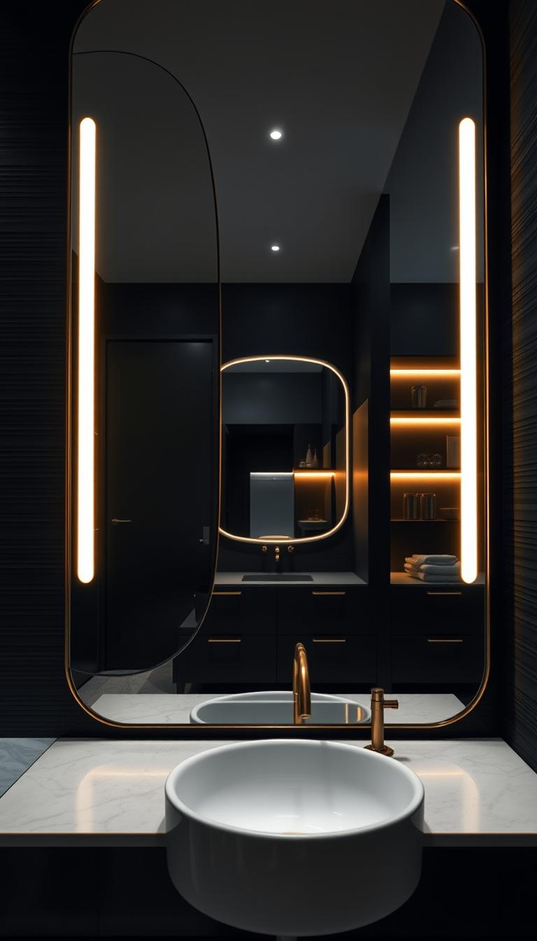 A beautifully designed dark bathroom featuring large, elegant mirrors that enhance the sense of spaciousness. In the foreground, a polished, oval mirror hangs over a sleek, modern sink. The middle ground showcases a stylish vanity with subtle brass accents and soft, ambient lighting, creating an inviting glow. The background reveals textured dark walls and minimalistic shelving displaying tasteful decor, complementing the overall luxurious aesthetic. The scene is illuminated with warm LED lights, reflecting softly off the mirrors, casting a gentle light across the space. The mood is serene and sophisticated, highlighting the elegance of a compact area transformed into a chic retreat. The perspective is slightly elevated, showcasing the entire setting while ensuring no text or watermarks are present in the image.
