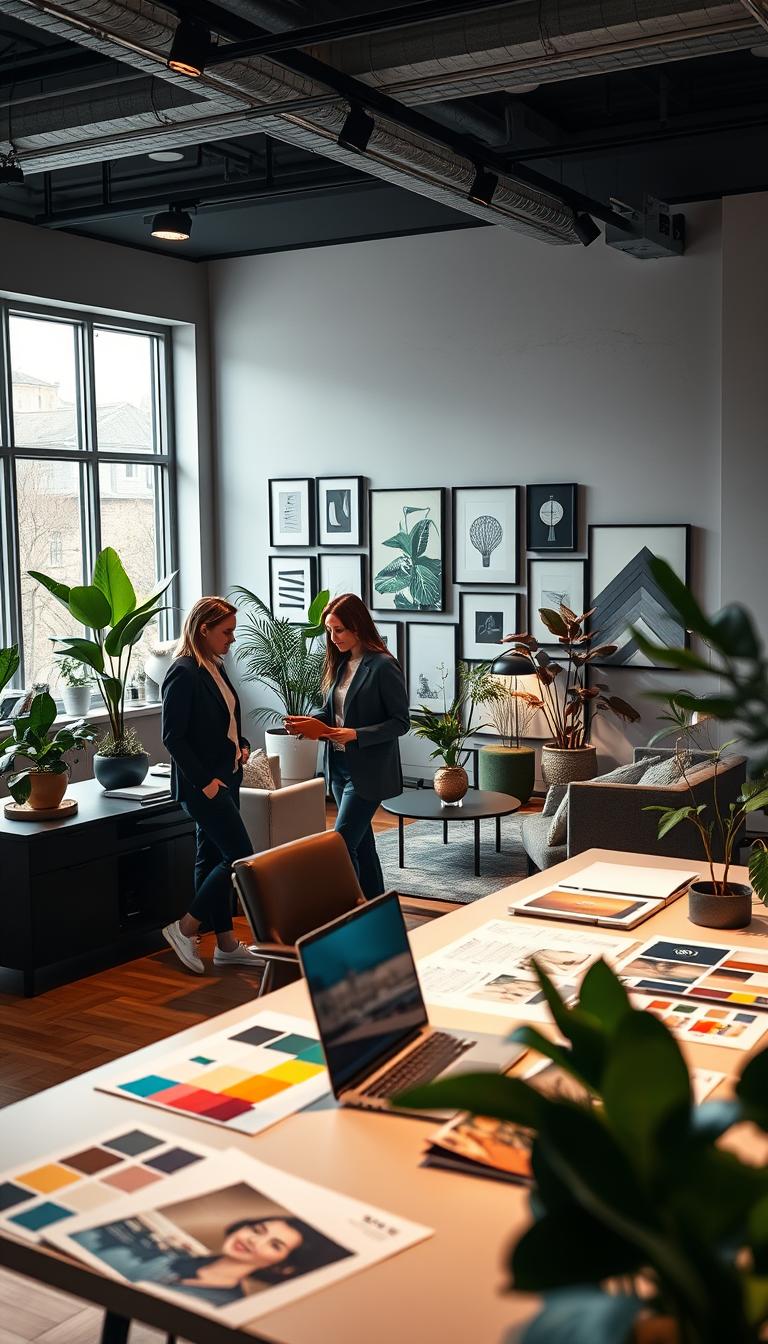 A beautifully designed interior of a modern interior design studio showcases a spacious, elegant workspace. In the foreground, a stylish desk with an organized layout features design samples and a laptop. There are two professionals, a woman and a man, both dressed in smart casual attire, discussing a color palette for a client project. In the middle, vibrant plants and designer furnishings create a warm atmosphere, while mood lighting casts a soft glow, enhancing the furnishings' textures. The background showcases a wall with various framed design concepts and inspirational art. A large window allows natural light to flood the room, creating an inviting ambiance. The image has high definition and photorealistic quality, evoking creativity and professionalism.