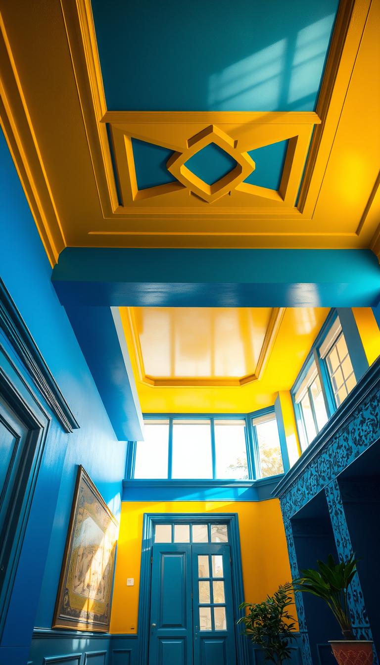 A beautifully designed interior room showcasing walls and ceiling drenched in vibrant colors, featuring a harmonious blend of deep blues and bright yellows. The foreground includes intricately painted trim and a stylish door, inviting the viewer's eye towards the ceiling adorned with a striking geometric pattern. The middle layer displays the walls decorated with textured finishes, reflecting light in various angles, creating a sense of depth and warmth. The background features large windows that flood the space with natural sunlight, illuminating the scene and enhancing the colors. The atmosphere is lively and inspiring, ideal for a creative, positive environment, captured with a wide-angle lens in high definition to emphasize the dynamic interplay of colors and textures.