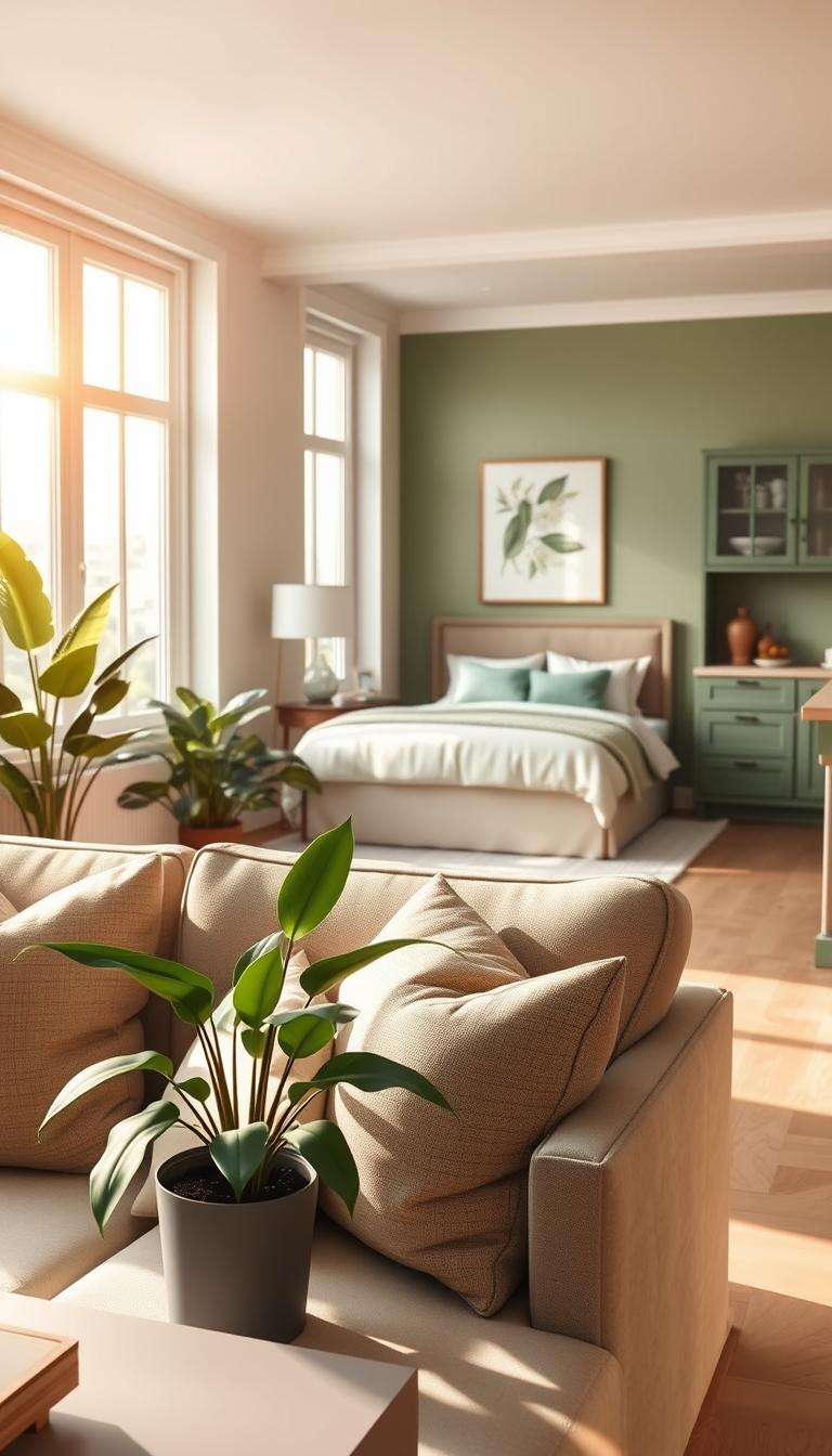 A beautifully designed interior showcasing a variety of rooms with sage green walls, reflecting a calming and serene atmosphere. In the foreground, a cozy living room with a plush sofa adorned with soft pillows, a stylish coffee table, and a vibrant indoor plant, all surrounded by warm natural light filtering through large windows. In the middle ground, a tranquil bedroom with sage green accent walls, featuring a neatly made bed, elegant bedside tables, and framed artwork that complements the color scheme. In the background, a modern kitchen with sage green cabinetry and tasteful decor. The entire setting should evoke a sense of wellness and harmony, captured in photorealistic high definition. Use a soft focus for a dreamy effect, with a wide-angle lens view to encompass the variety of rooms.