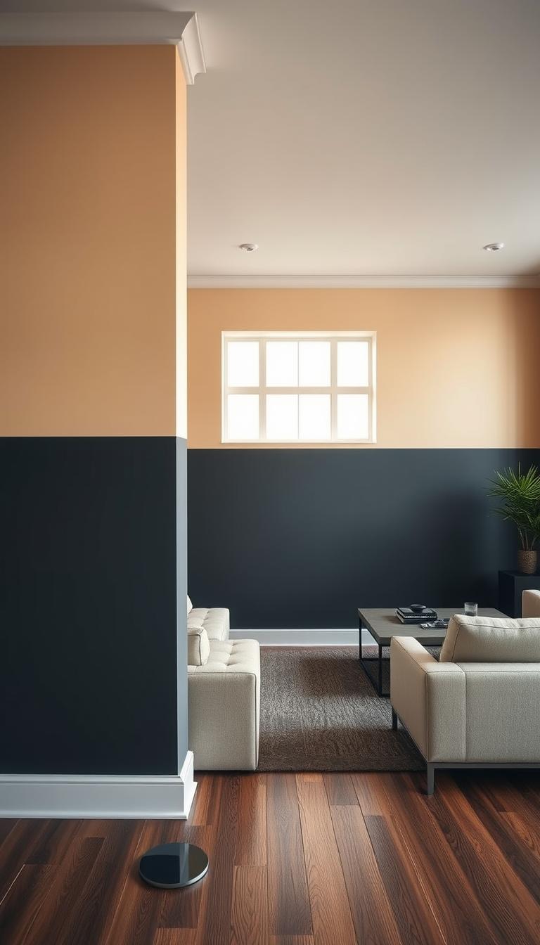 A beautifully designed interior space featuring two-tone walls, showcasing a clear paint line height at mid-wall. In the foreground, a well-painted wall displays a soft, warm beige on the upper portion, transitioning to a rich, deep charcoal below the cleanly defined paint line. The middle scene captures elegant furniture, such as a modern sofa and a stylish coffee table, positioned thoughtfully to highlight the contrasting wall colors. In the background, large windows let in natural light, illuminating the room with a gentle glow. The angle is from a slightly elevated perspective, enhancing the visual impact of the height difference in the paint. The overall mood is sophisticated and inviting, ideal for a contemporary living space. The image should be photorealistic and high definition.